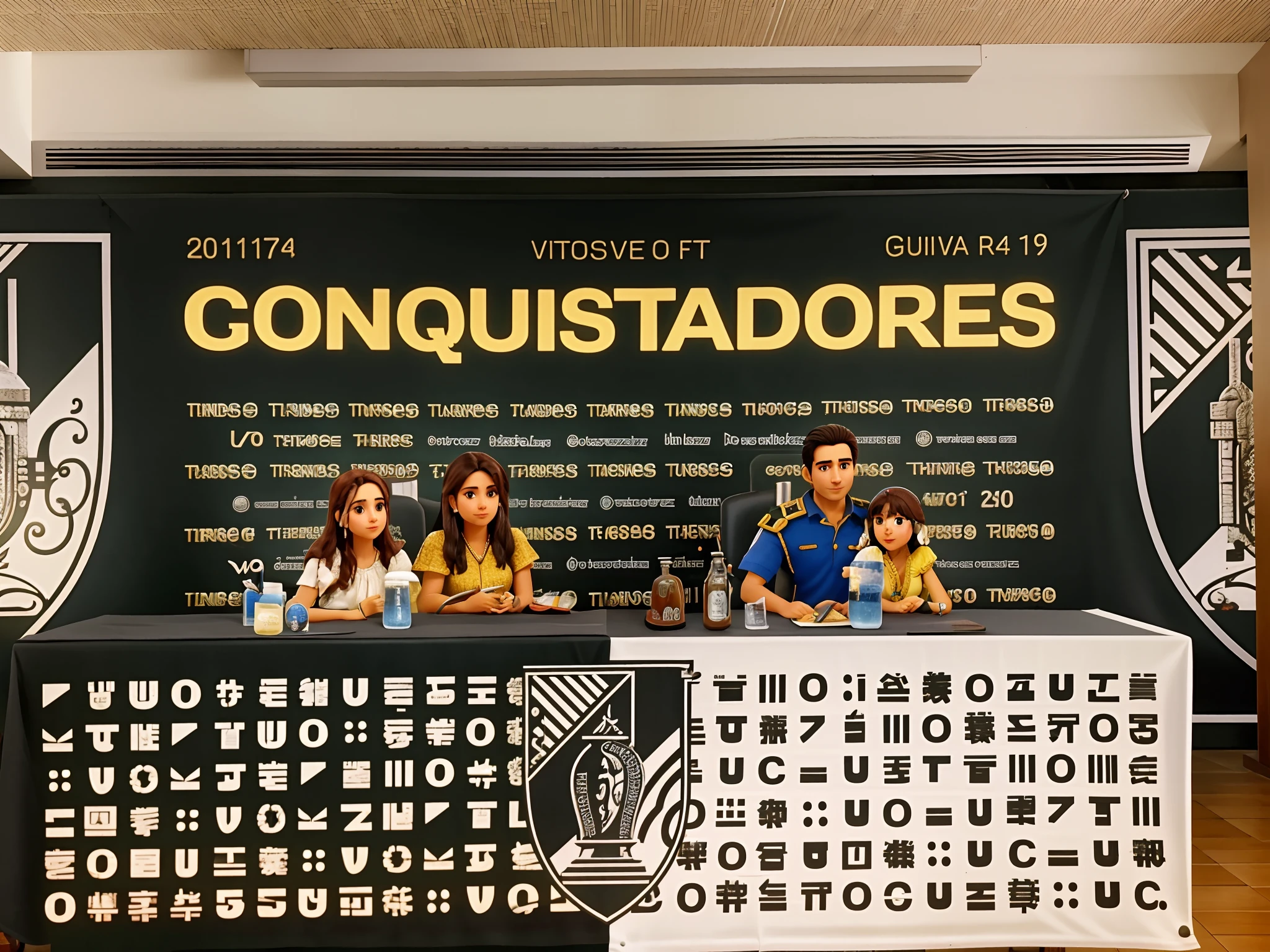 there are two people sitting at a table with a sign, gui guimaraes, conquistador, press conference, by Robert Combas, by Fernando Gerassi, godesses, by Amelia Peláez, by Olivia Peguero, 🚿🗝📝, by Enrique Tábara, by Silvia Pelissero, 2 0 1 9