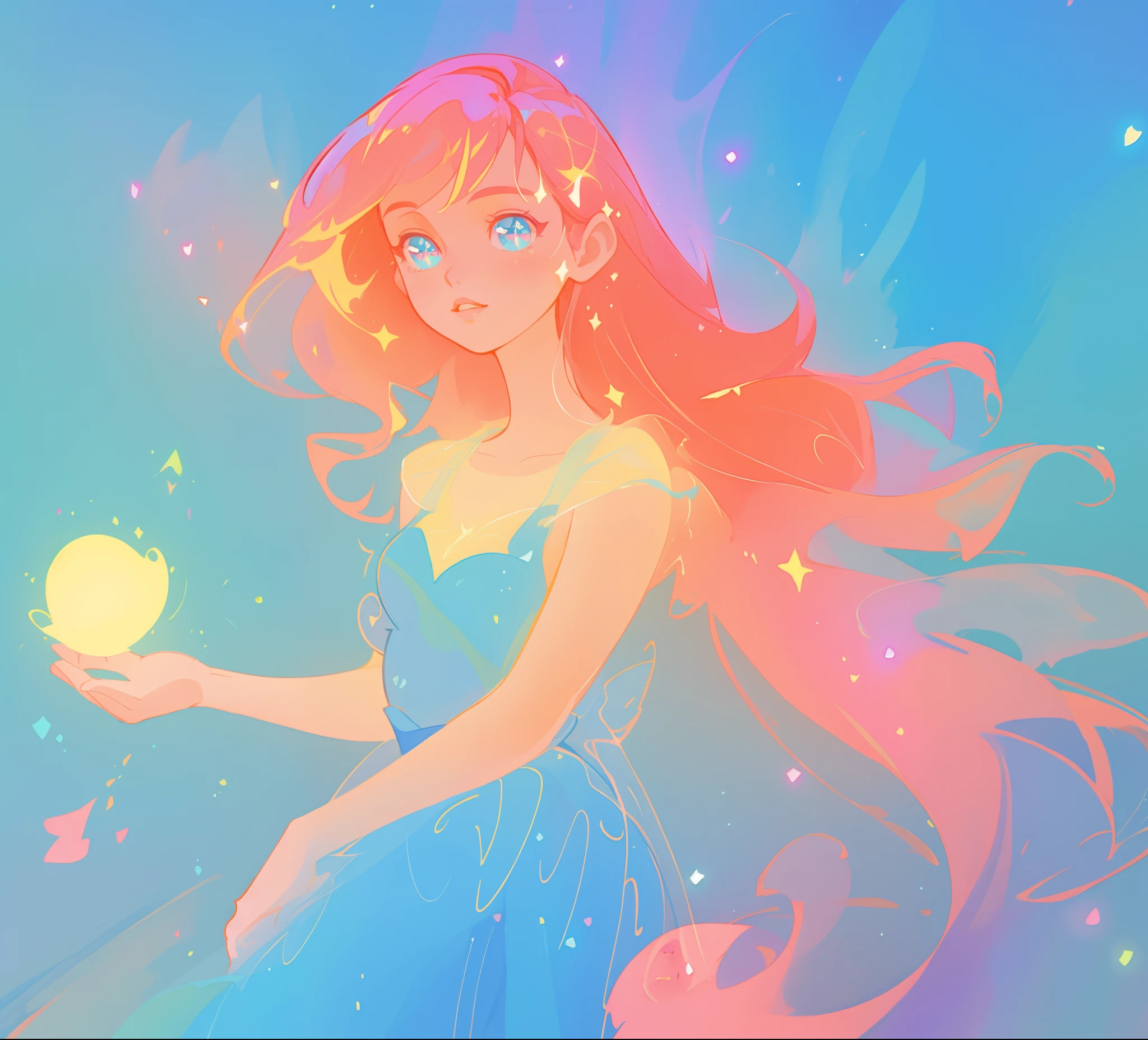 beautiful girl in blue gradient flowing dress, vibrant pastel colors, (colorful), magical lights, sparkling lines of light, inspired by Glen Keane, inspired by Lois van Baarle, disney art style, by Lois van Baarle, glowing aura around her, by Glen Keane, jen bartel, glowing lights! digital painting, flowing glowing hair, glowing flowing hair, beautiful digital illustration, fantasia background, whimsical, magical, fantasy, beautiful face, ((masterpiece, best quality)), intricate details, highly detailed, sharp focus, 8k resolution, sparkling detailed eyes, liquid watercolor