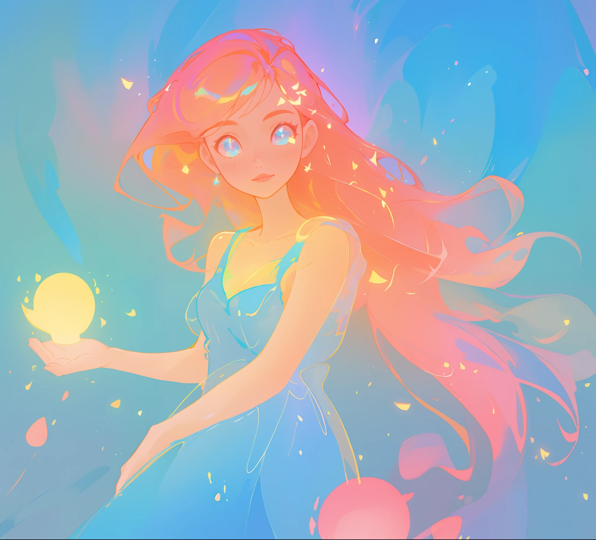 beautiful girl in blue gradient flowing dress, vibrant pastel colors, (colorful), magical lights, sparkling lines of light, inspired by Glen Keane, inspired by Lois van Baarle, disney art style, by Lois van Baarle, glowing aura around her, by Glen Keane, jen bartel, glowing lights! digital painting, flowing glowing hair, glowing flowing hair, beautiful digital illustration, fantasia background, whimsical, magical, fantasy, beautiful face, ((masterpiece, best quality)), intricate details, highly detailed, sharp focus, 8k resolution, sparkling detailed eyes, liquid watercolor