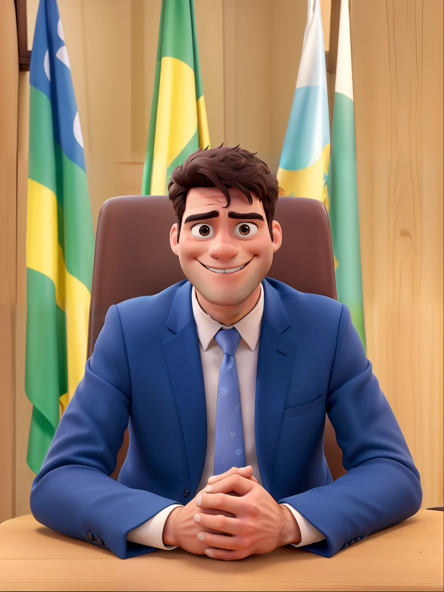 A 3D movie poster in Disney-pixar style of young 30-year-old parliamentarian sitting at a wooden table. He has dark brown skin and is wearing a blue suit, white shirt and blue tie. He is smiling, has black hair and eyes, thick eyebrows, wears a wedding ring and a white bracelet on his right arm and behind him are Brazilian flags from Sergipe