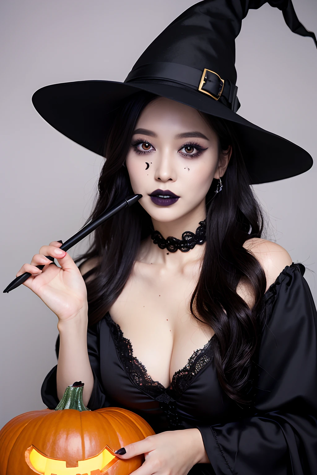 (extra detailed body、extra detailed face、best qualtiy:1.2)、femele、looking at the viewers、(fancy dress、Halloween Witch Makeup、Black lipstick, thick and long black eyeliner、the witch、Flashy makeup）（Halloween pumpkin on background）