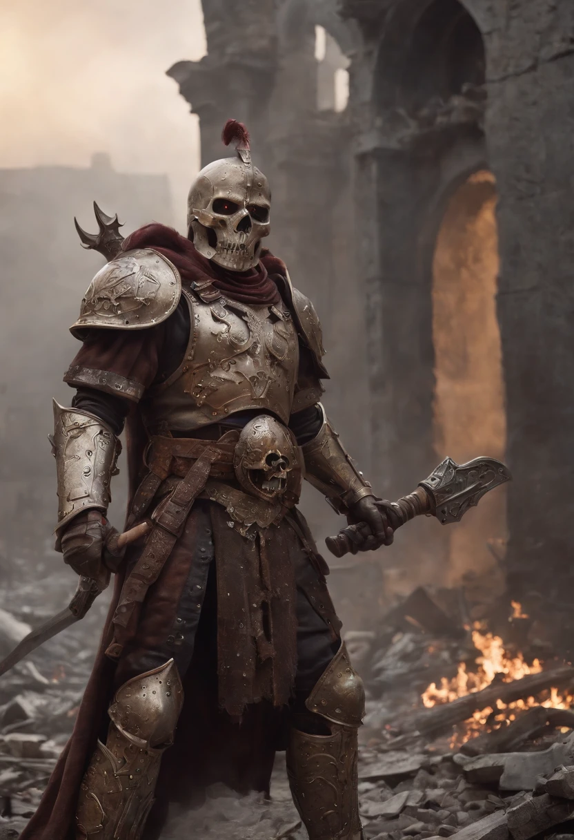 metal maden male chaos warrior of khorne in armor is holding a great sword in a ruined post-apocalyptic city, skulls mask, sci-fi, fantasy, horror, skulls on the ground, blood, Tornado, Roman, Empty chairs,Tangled roots,Key, Warped,Mangled,Ethereal, (Isolation:1.1), (Glaze:1.1), (Reflected light:1.2), Glass, Polygon, ultra detailed, intricate, oil on canvas, dry brush, (surrealism:1.1), (disturbing:1.1)
