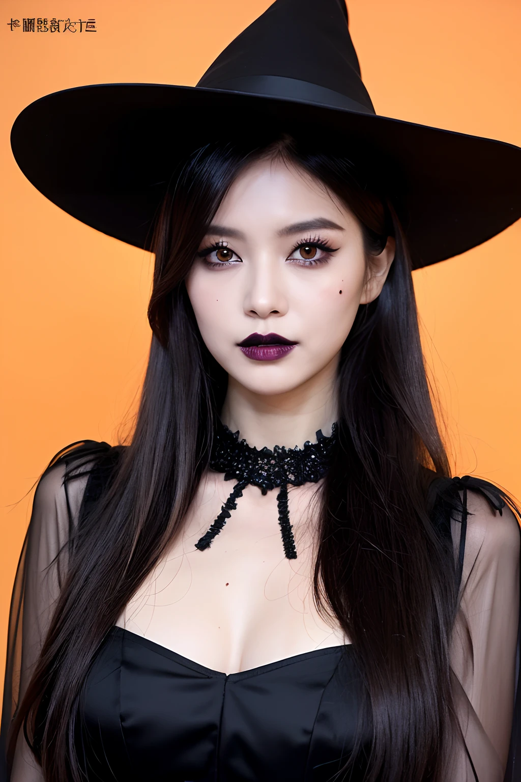 (extra detailed body、extra detailed face、best qualtiy:1.2)、femele、looking at the viewers、(fancy dress、Halloween Witch Makeup、Black lipstick, thick and long black eyeliner、the witch、Flashy makeup)(Halloween pumpkin on background)