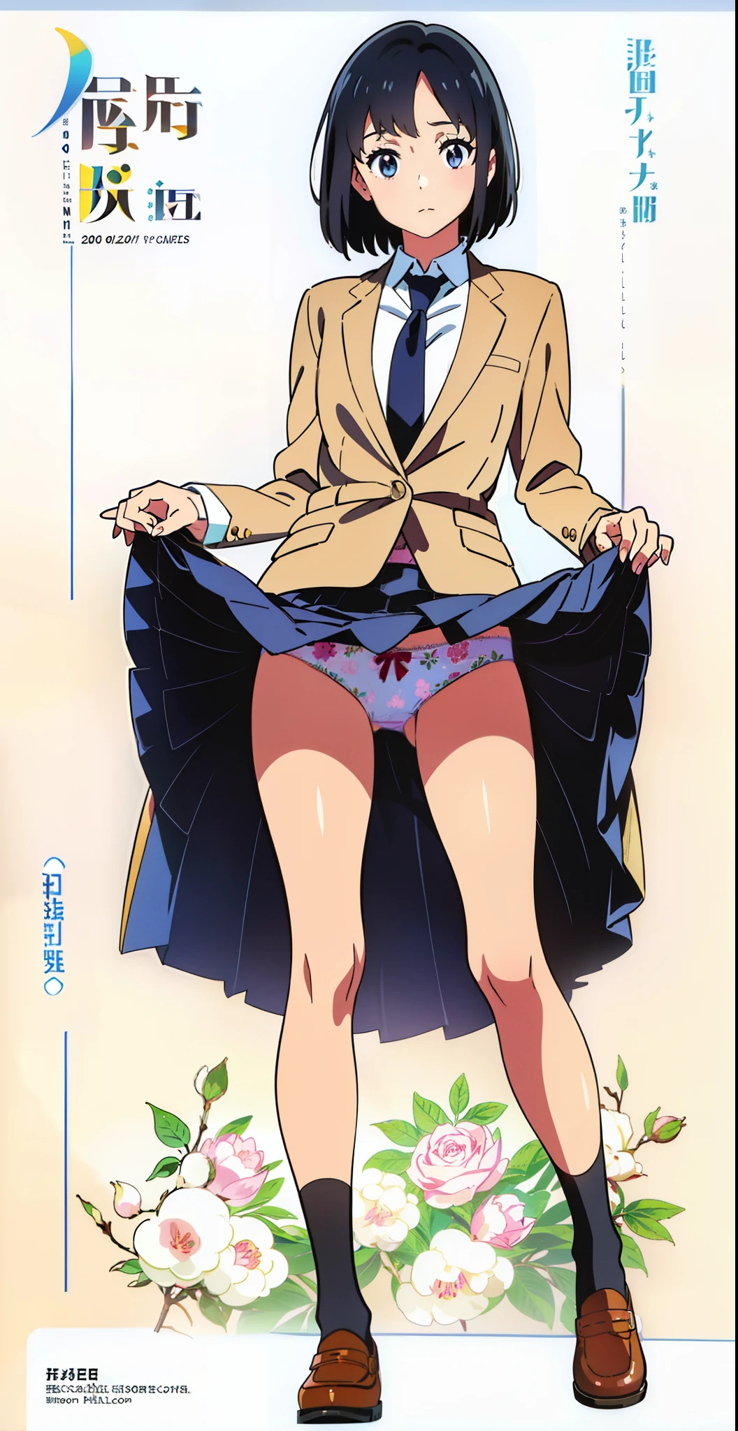 (white background:1.1), (best quality:1.0), (masterpiece:1.0), (full body:1.0), (solo:1.0), (a 18yo cute girl:1.0), (long skirt:1.1), (dark blue skirt:1.2), (pleated skirt:1.0), (school uniform beige blazer:1.0), (dark blue necktie:1.0), (black socks:1.0), (loafers:1.0), (lanky:1.0), (tall:0.9), (slender:1.0), (small breasts:1.0), (detailed beautiful eyes:1.0), (detailed beautiful face:1.0), (glowing black eyes:1.0), (short hair:1.1), (strait hair:1.1), (black hair:1.0), (one's skirt lift:1.5), (floral pattern printed panties:1.1), (cotton panties:1.5)