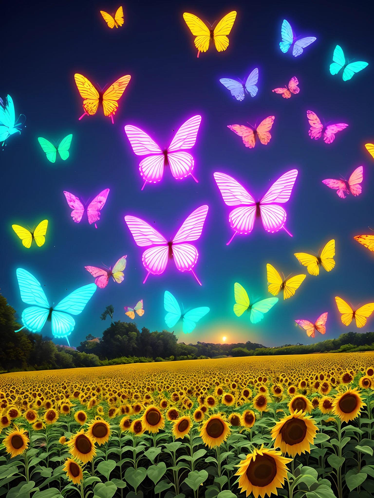 magical butterflies, neon effects, 4k, flying through a magical place with sunflower