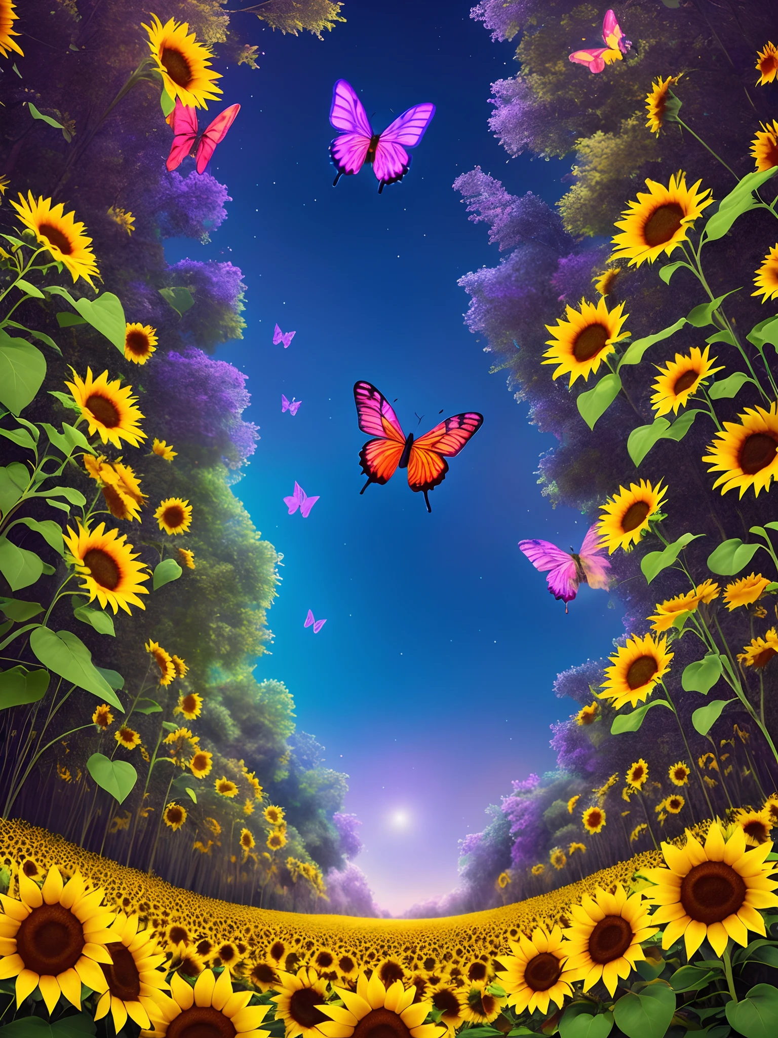 magical butterflies, neon effects, 4k, flying through a magical place with sunflower