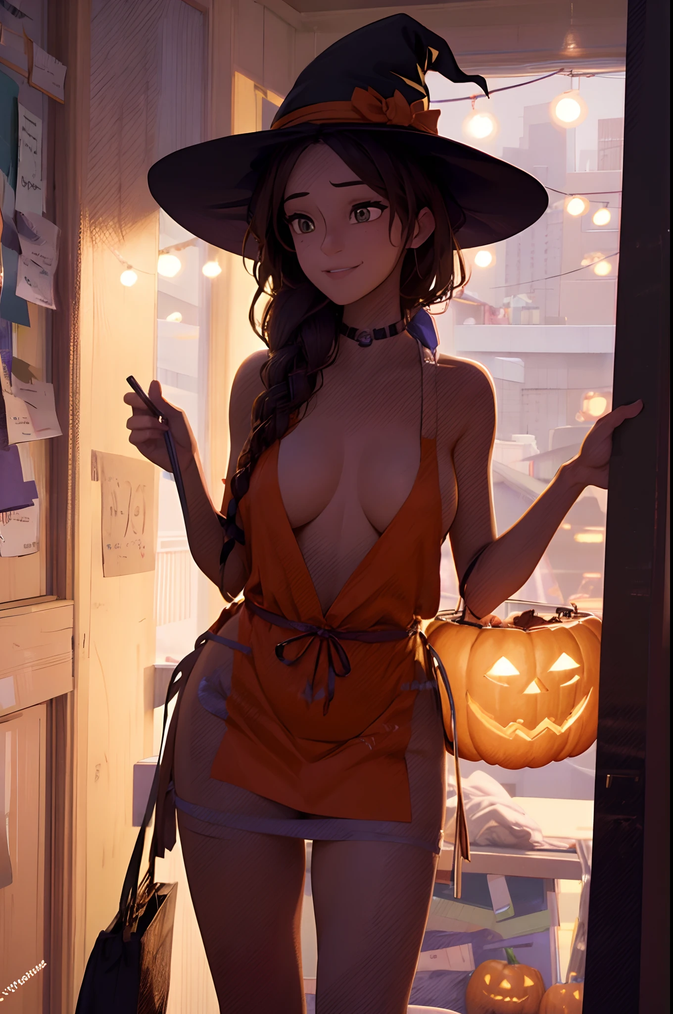 Rio naked apart from halloween apron, at door on halloween night, witch hat, holding candy, halloween night, naked under cooking apron, sexy, busty, seductive, halloween night, new york night, waiting at door