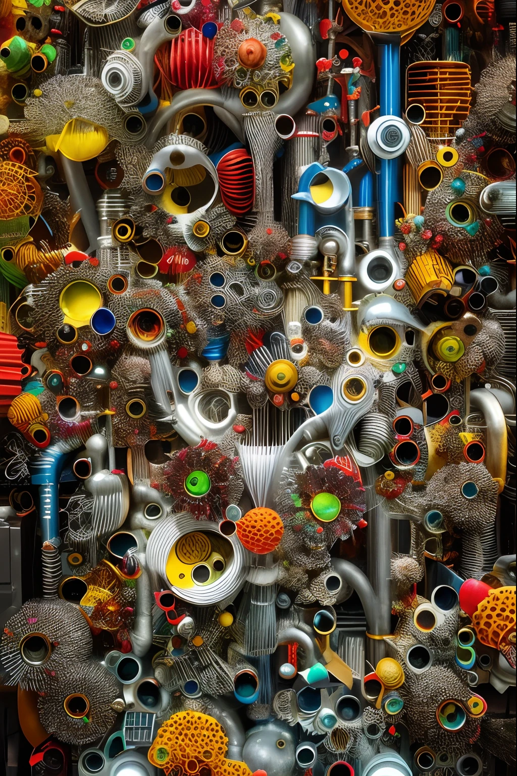 there is a large display of different colored objects on display, made up of many bits of metal, mechanical form of life, colorful ferrofluid armor, mesmerizing, tubes, abstract 3 d artwork, maximalism digital art, junk, fantasy. intricate, hypermaximalistic, surreal material, organic mechanical shapes, many pipes, acrylic art, perfect maximalistic composition