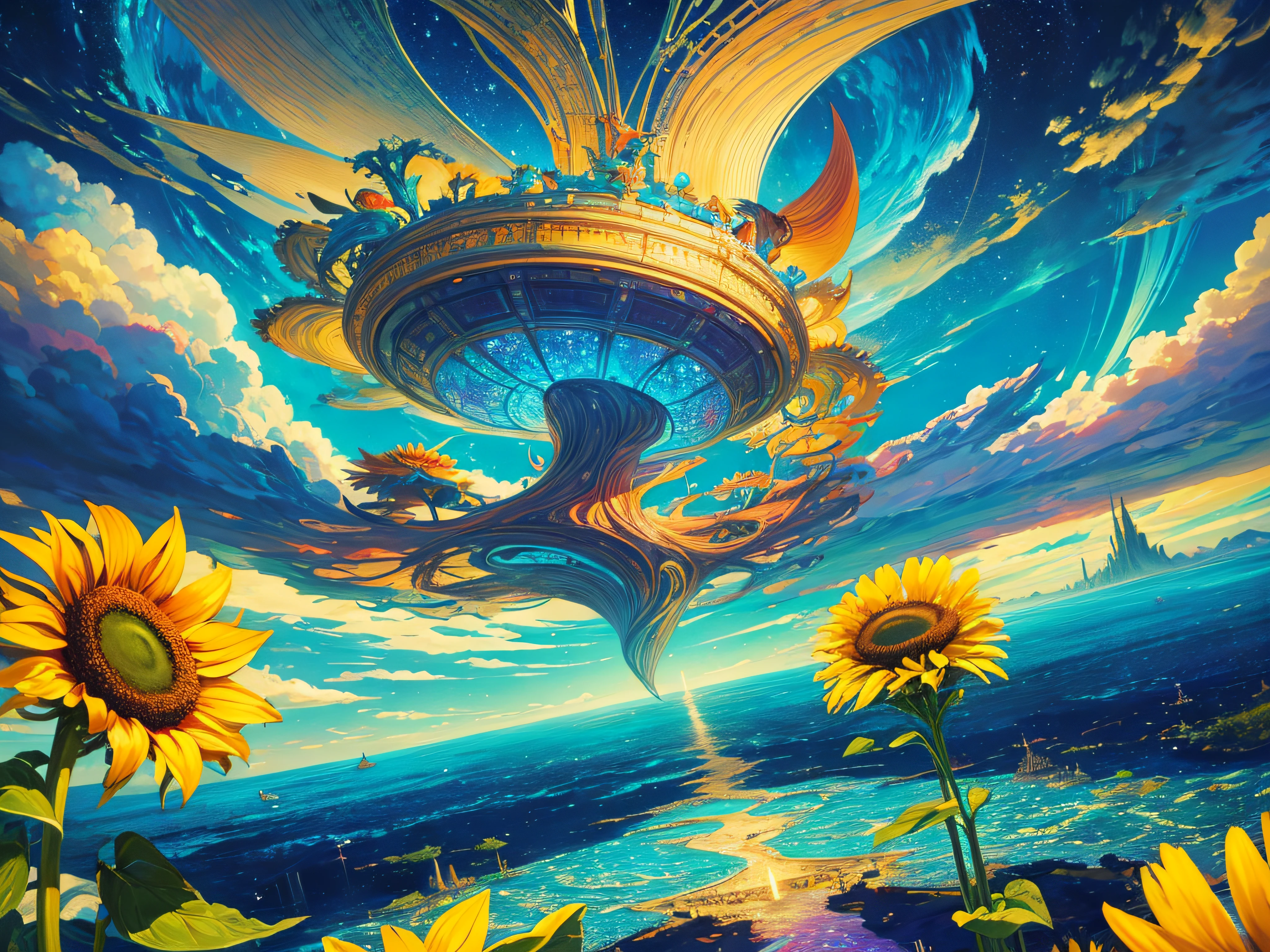 futuristic super yacht, technicolor road and sky, Vincent van Gogh, Salvador Dalí, vibrant colors, surreal lighting, detailed textures, shimmering water, swirling clouds, dreamlike atmosphere, vivid reflections, distorted perspectives, starry night, melting objects, alien landscape, vibrant brushstrokes, floating elements, otherworldly composition, magical realism, whimsical details, dynamic movement, fantastic architecture, fantastical creatures, mind-bending perspective, ethereal beauty, harmonious color palette, surrealistic dreamscape, sunflowers, melting clocks, celestial elements, vibrant hues, seamless blending, whimsical shapes, intricate patterns, fantasy meets reality