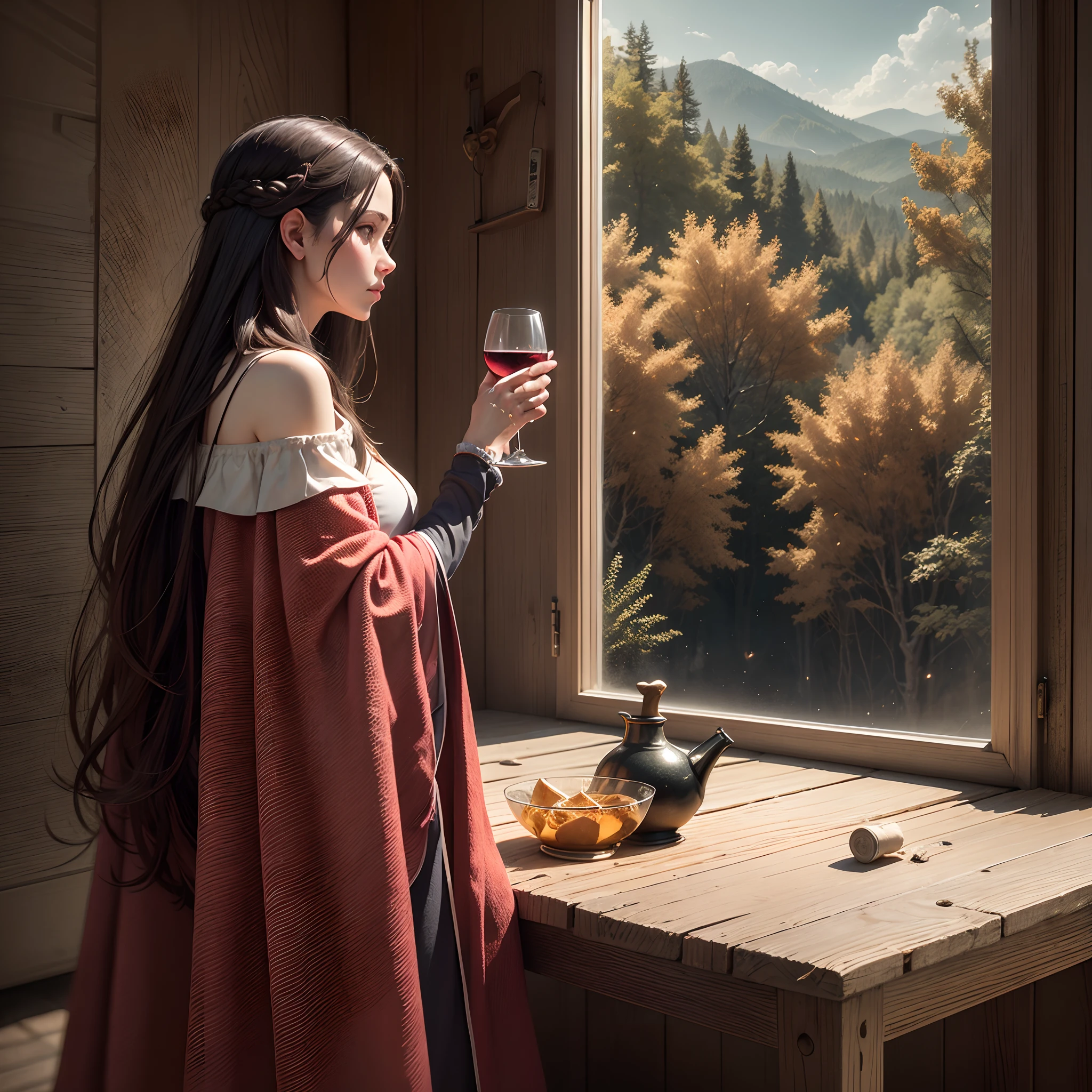 A woman standing looking at the window, wrapped in a cloth from her chest down, showing her face, long hair and shoulders, in an old humble wooden house, in the countryside, with a table and behind her with a jug of wine and a glass, an open window, the light illuminates dust particles, showing a forest and a path, realista, 4k, light,fotorealista,caravaggio,holographic scales, magical glow, extremely realistic, textura realista --auto --s2