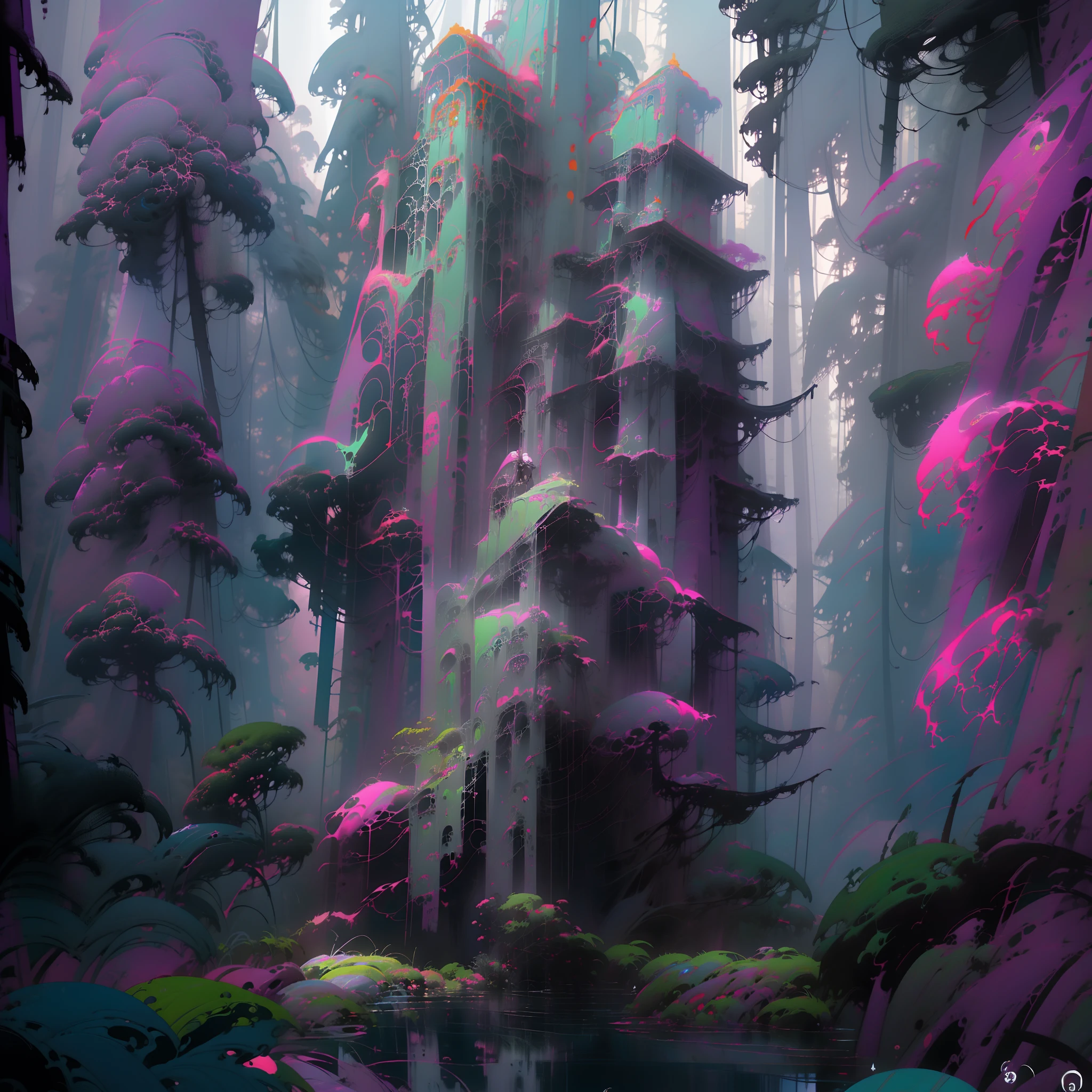 brightly colored digital painting of a fantasy forest with a pond, surreal alien kingdom, surreal concept art, surreal 3 d render, greg beeple, style hybrid mix of beeple, otherworldly visuals, colourful biomorphic temple, it by Mike "Beeple" Winkelmann, surreal + highly detailed, thomas veyrat intricate