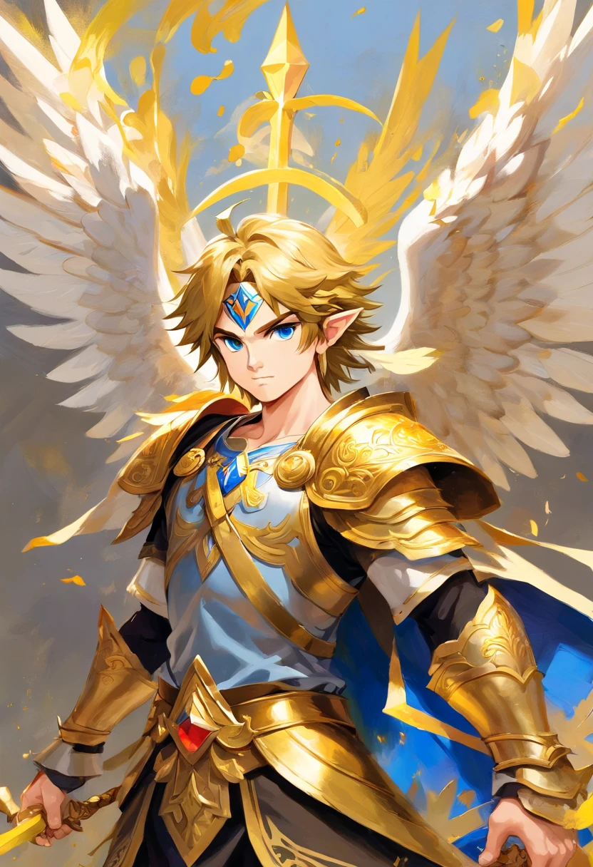 (vivid messy oil painting), (brush strokes), arafed boy in a gold outfit with wings and a sword, blue eyes, pale skin, angelic golden armor, full - body majestic angel, archangel, winged boy, angel in gold armor, eros, archangel michael, winged human, epic angel wings, eros and thanatos, grand angel wings, gold wings, young wan angel, attractive male deity, (((oil paintings))), (Vibrant, vivid colours, beautiful, textural, artistic)