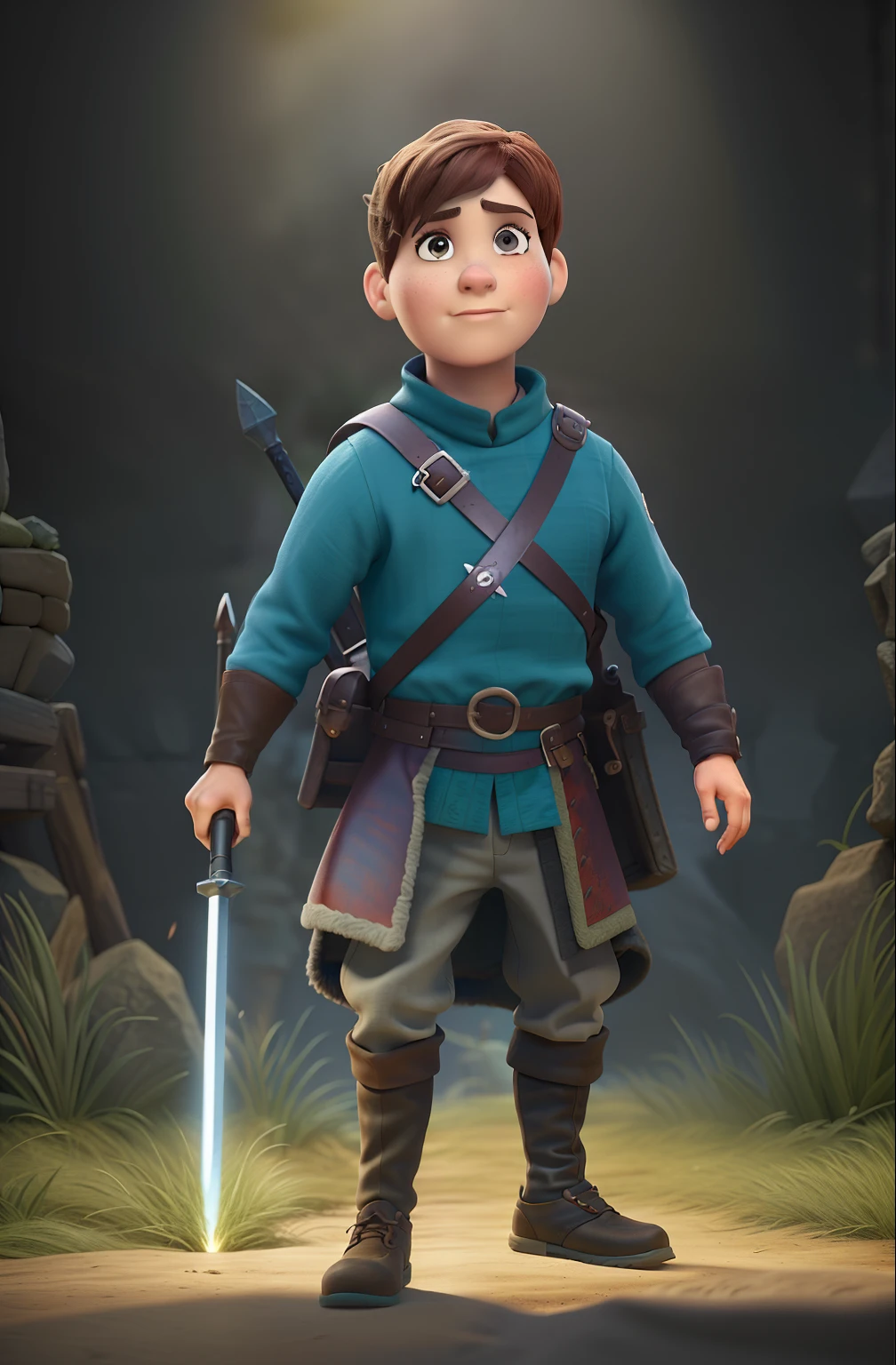 Create an epic Disney pixar movie poster of a Game of thrones character, Um rei guerreiro usando uma coroa, segurando uma espada, usando uma armadura medieval, em Batle Field. Estilo Pixar, Cartoon, cores vibrantes, cinemactic, altamente detalhado, Rosto detalhado, Cinematic lighting.