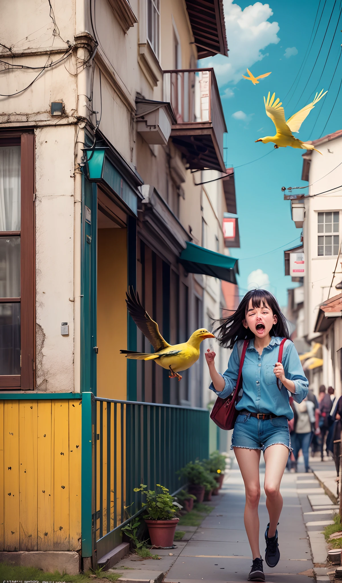 ella girls with dark hair, grotty, crying, hyper-realism, photo-real, old photograph —h 2000 —w 1000, 1. A yellow bird is flying through a turquoise sky --auto --s2