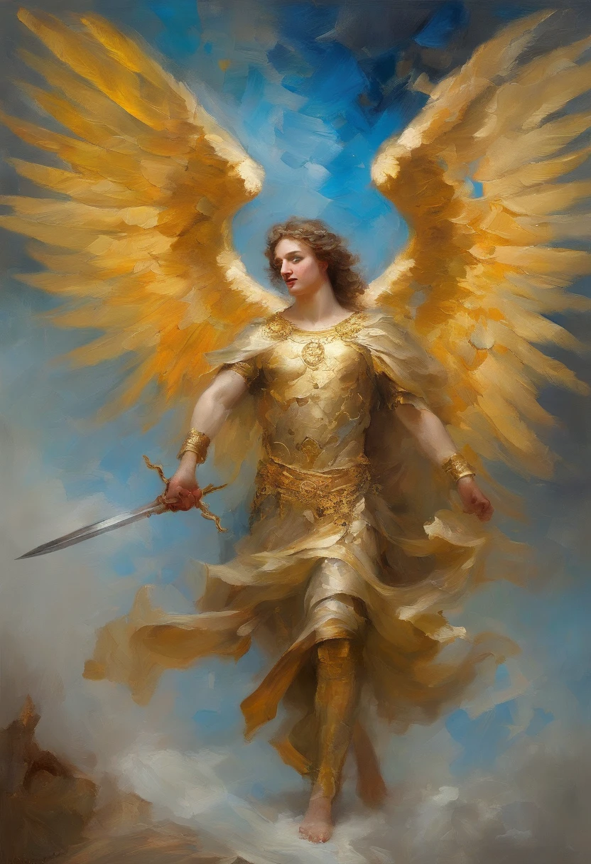 (vivid messy oil painting), (brush strokes), arafed boy in a gold outfit with wings and a sword, blue eyes, pale skin, angelic golden armor, full - body majestic angel, archangel, winged boy, angel in gold armor, eros, archangel michael, winged human, epic angel wings, eros and thanatos, grand angel wings, gold wings, young wan angel, attractive male deity, (((oil paintings))), (Vibrant, vivid colours, beautiful, textural, artistic)