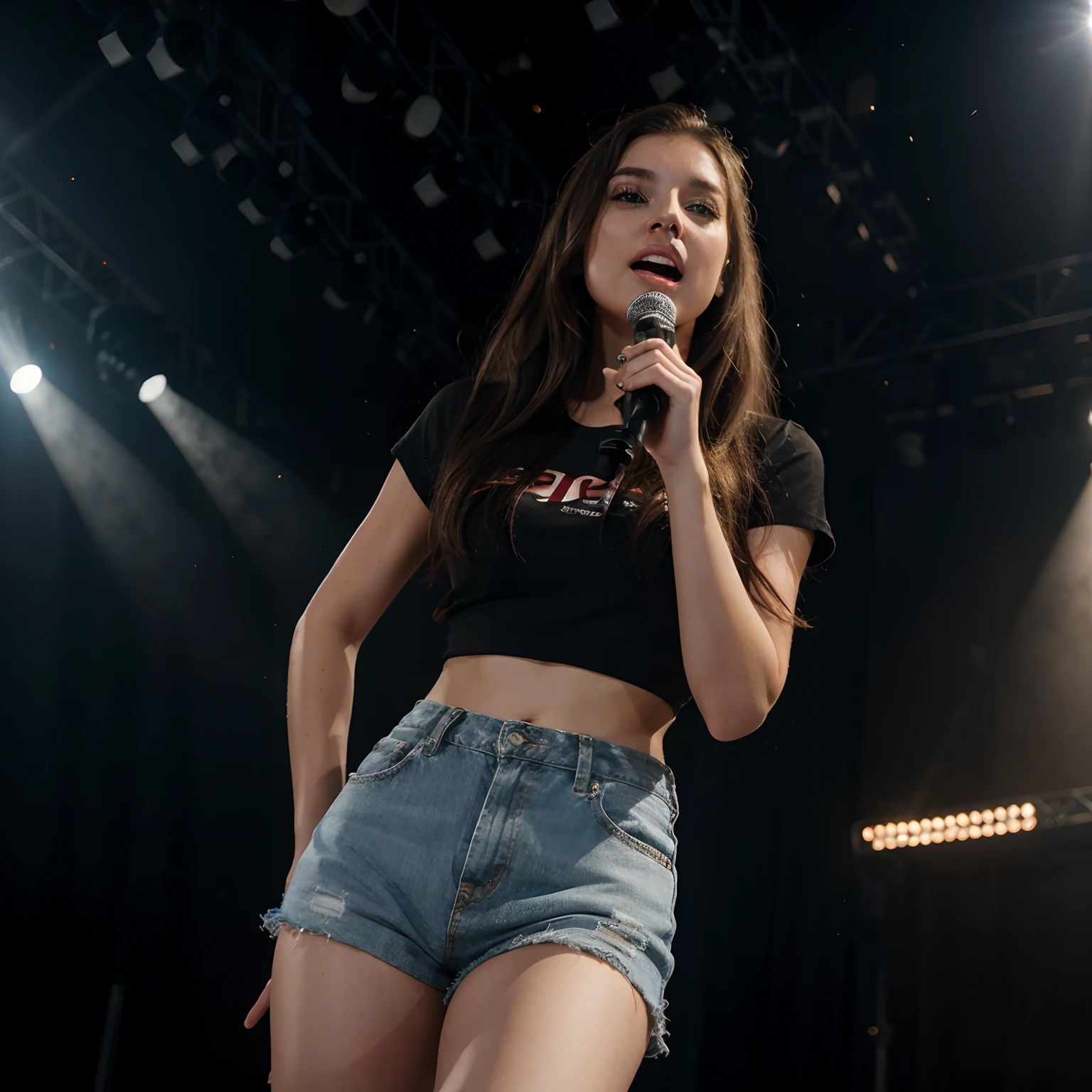 America young woman singing, stage, spotlight, real, detail