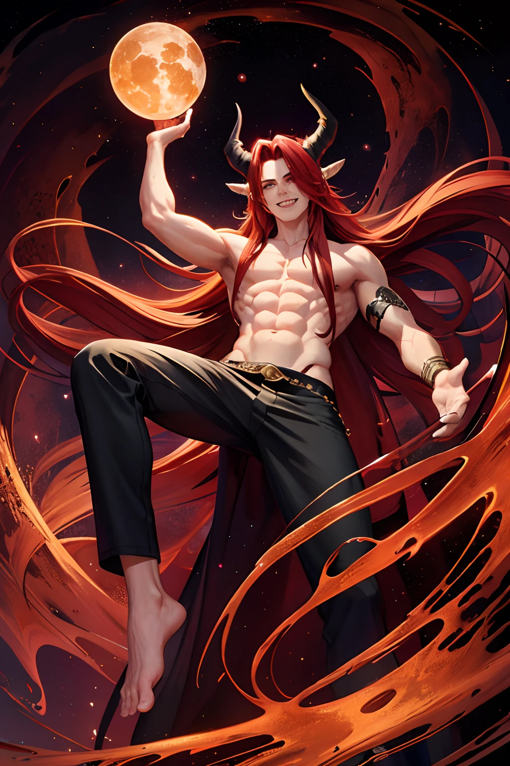 Male with red long detailed hair, shirtless, cosmic background, dragon black eyes, evil incarnation, holding planet in hand, handsome, wearing casual clothes, horns, red skin, (((from below))), laughing, bare feet