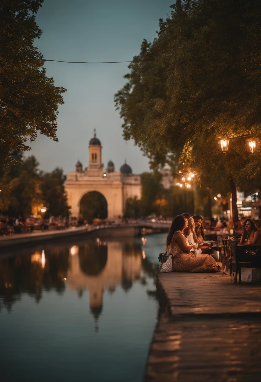 highres,realistic:1.37,colorful,new style,natural light,city landscape,hot weather,tropical atmosphere,Bucharest,newborn day,urban scenery,summer vibes,sunshine,sparkling river,green parks,people enjoying outdoors,beautiful girls laughing,stylish fashion,ice cream stalls,happy mood,relaxed streets,modern buildings,historical landmarks,night scene,illuminated skyline,romantic atmosphere,glowing lights,cozy cafes,festive vibes,music filling the air,vivid colors,energetic ambiance,joyful crowd,street performers,dynamic city life,inspiring energy,unforgettable moments