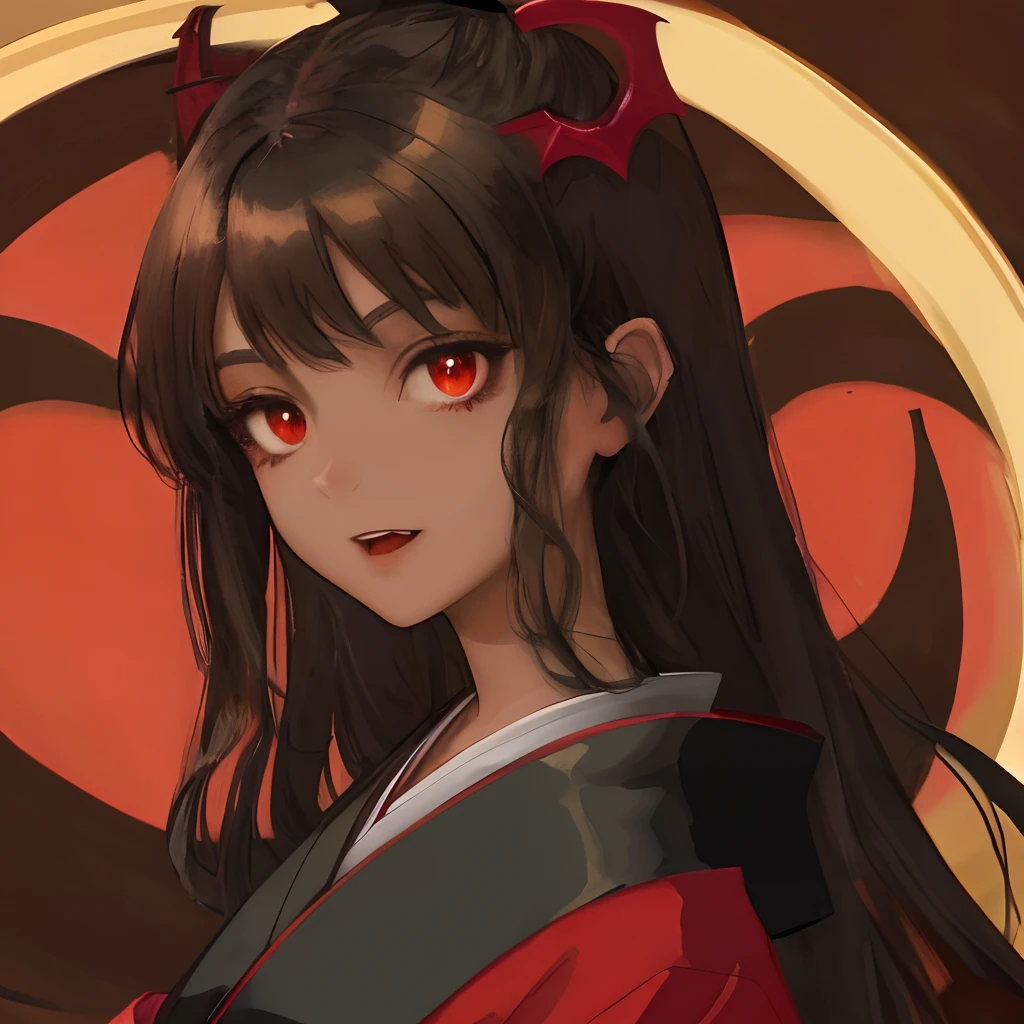 Vampire Anime girl with brown skin, long black hair, and black and dark red kimono