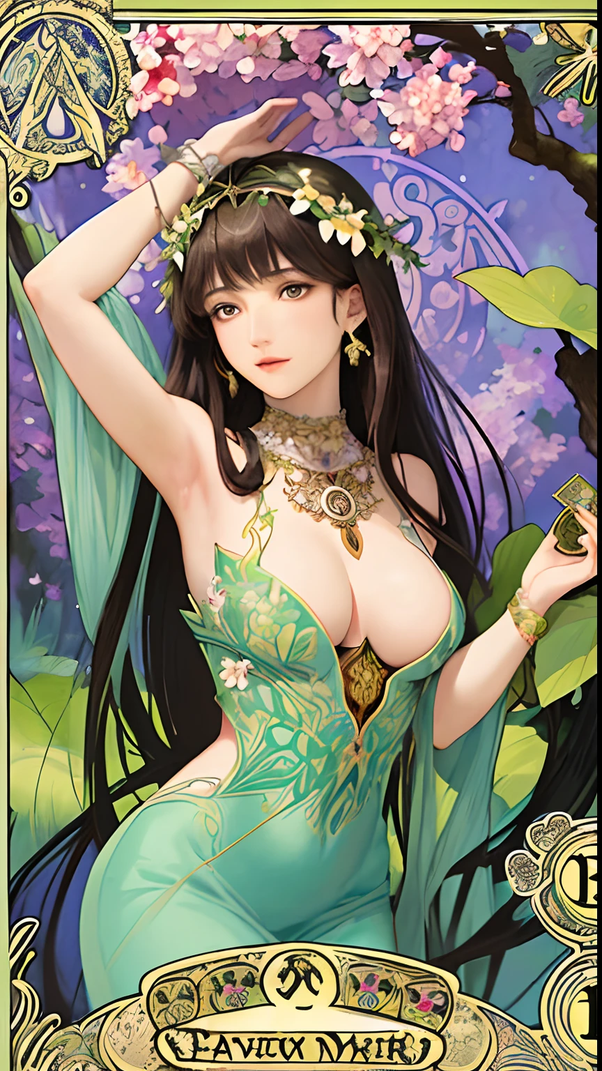 masterpiece, best quality, Alphonse Mucha, art nouveau,
(tarot card style:1.3), unique tarot card framework incorporating floral and greenery elements,
blunt bangs, black straight long hair, looking at viewer,
Amidst a verdant garden, a mystical maiden in a blossoming gown dances with ethereal creatures, bathed in sunlight that illuminates flourishing flora and ancient tarot symbols,
roses, lilies, cherry blossoms, irises, foliage, moss, and vines, elegant dresses inspired by nature, accessories including flower and leaf-designed necklaces, earrings, rings, bracelets, hair ornaments, butterflies, birds, bees, tarot symbols reimagined with floral and greenery designs, goddesses, natural backgrounds like gardens, forests, lakesides, effective use of light and shadow,
realistic, hyper realistic lifelike 3d, zentangle,