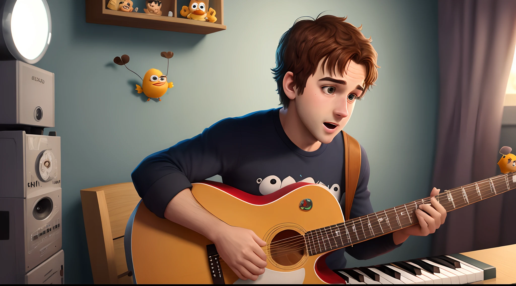 Imagem personagem pixar. Homem com caleo grisalho e franja. tocando teclado. Bamda musical ao fundo com uma cruz na parede