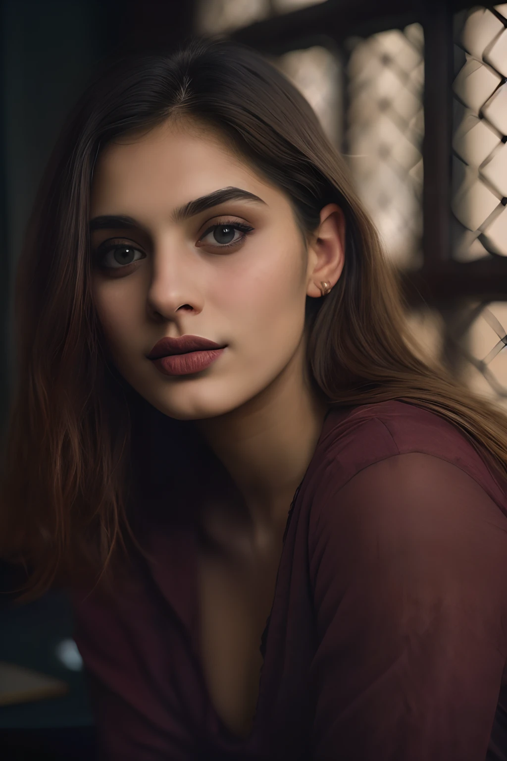 (close-up, editorial photograph of a 21 year old white skinned beautiful Pakistani woman), (highly detailed face:1.4) (smile:0.7) (background inside dark, moody, private study:1.3) POV, by lee jeffries, nikon d850, film stock photograph ,4 kodak portra 400 ,camera f1.6 lens ,rich colors ,hyper realistic ,lifelike texture, dramatic lighting , cinestill 800,