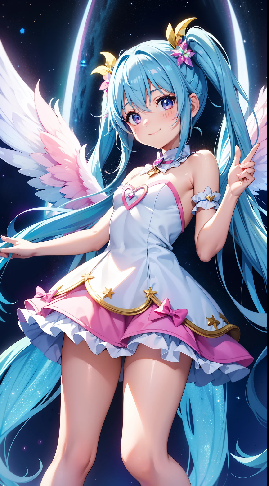 Super Idol　a beauty girl　A charming smile　sky blue hair　length hair　Twin-tailed　Glittery bright pink and white and blue and yellow leotards　facing front　7 colors of angel great wings on the back　Mystical　Fantasia　constellation　a moon　Crystal Brilliance　Aurora Borealis in the Night Sky