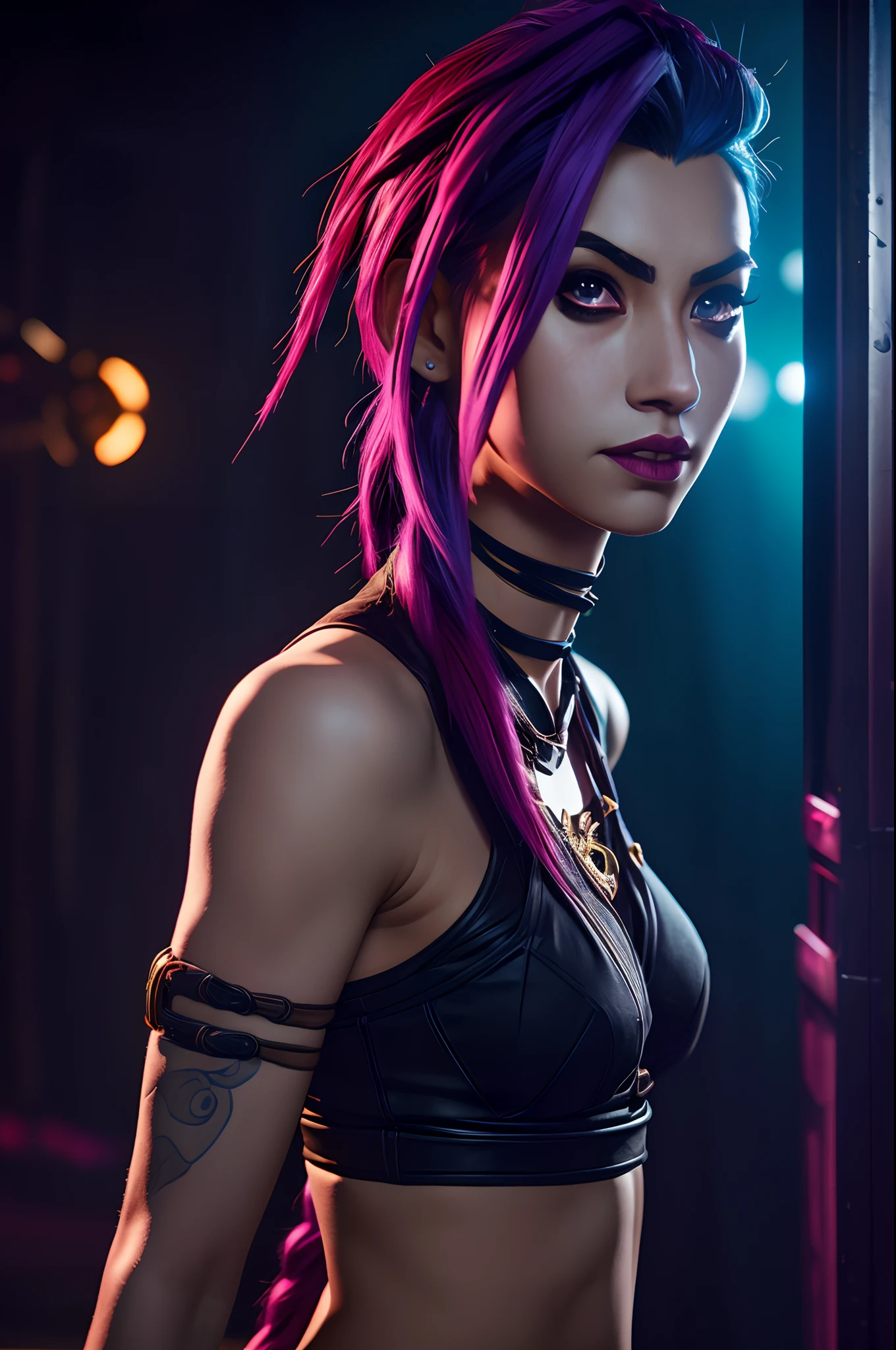 Jinx from League of Legends, (high detail skin:1.2), (high detail face), sexy clothing, (photo-realistic:1.4), best quality, Masterpiece, rim lighting, cinematic lighting, studio lighting, RAW photograph, 50mm lens, bokeh, depth of field, facing the camera