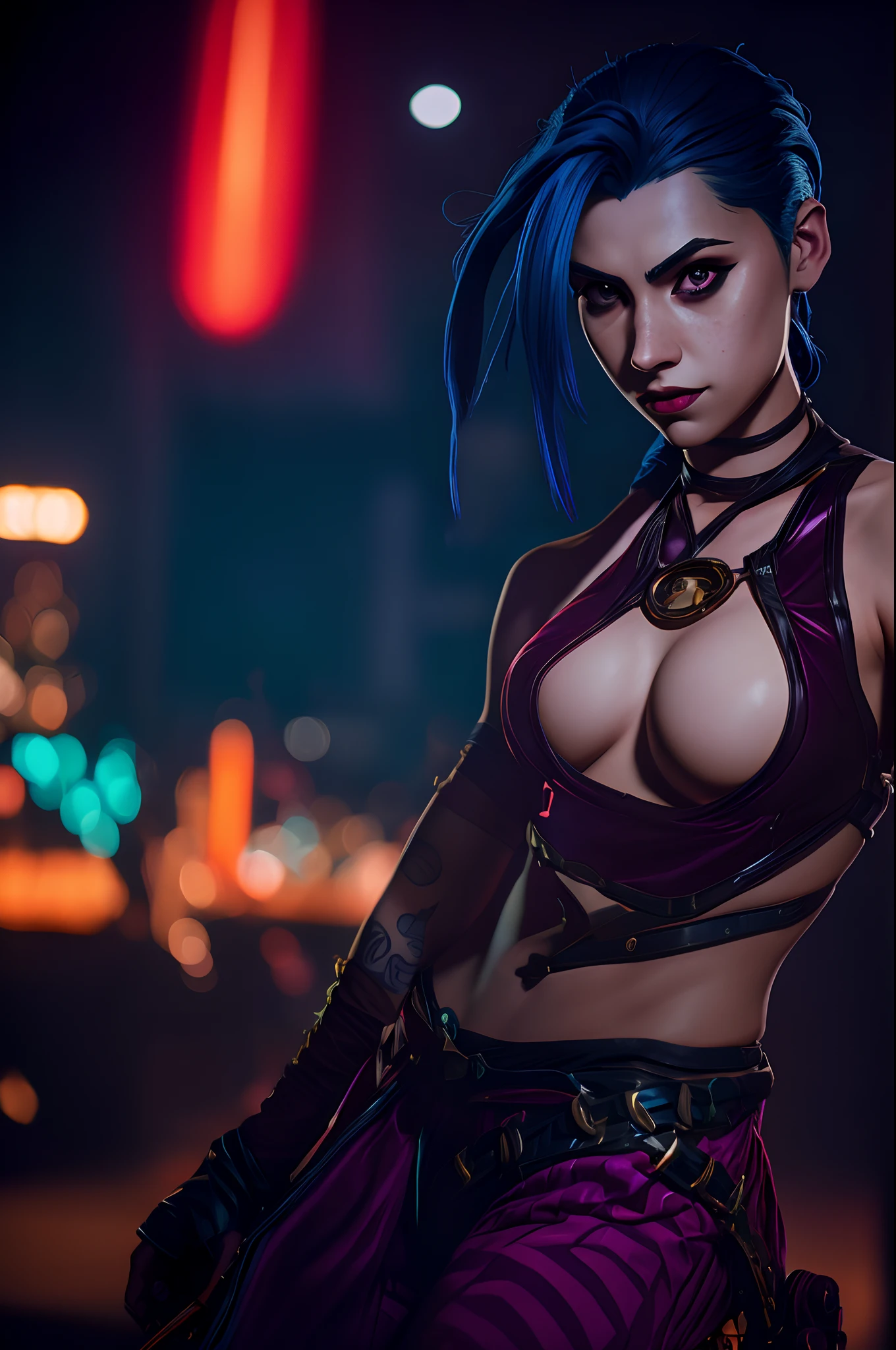 Jinx from League of Legends, (high detail skin:1.2), (high detail face), sexy clothing, (photo-realistic:1.4), best quality, Masterpiece, rim lighting, cinematic lighting, studio lighting, RAW photograph, 50mm lens, bokeh, depth of field, facing the camera