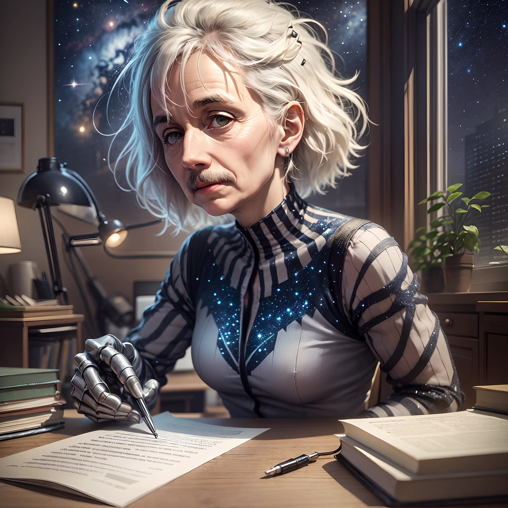Albert Einstein is in his office on his chair , he has metal skeletal arms , her turns on the desk lamp it reveals a sparkling starry night through his office windows --auto --s2