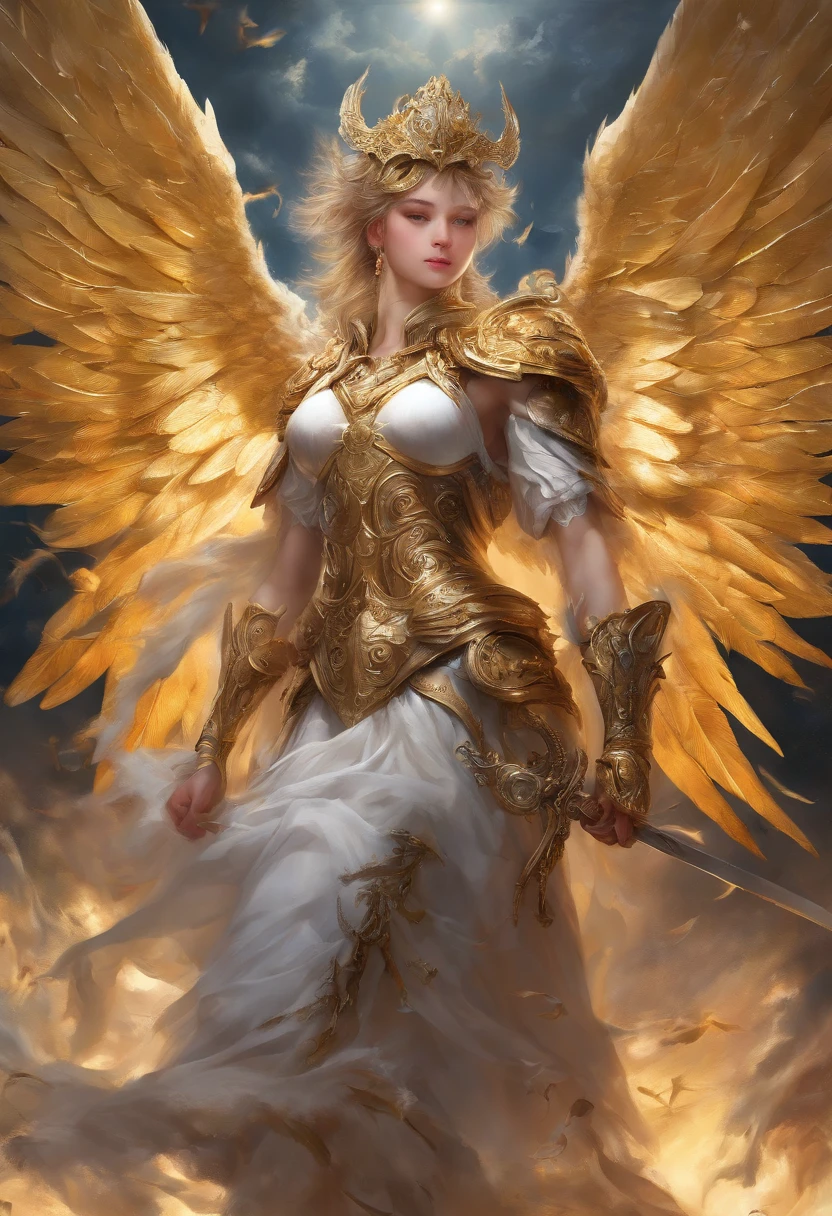 (vivid messy oil painting), (brush strokes), arafed boy in a gold outfit with wings and a sword, blue eyes, pale skin, angelic golden armor, full - body majestic angel, archangel, winged boy, angel in gold armor, eros, archangel michael, winged human, epic angel wings, eros and thanatos, grand angel wings, gold wings, young wan angel, attractive male deity, (((oil paintings))), (Vibrant, vivid colours, beautiful, textural, artistic)