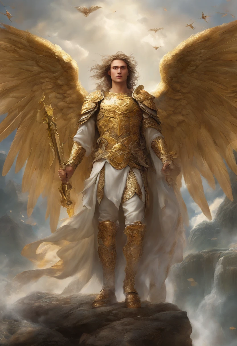 (vivid messy oil painting), (brush strokes), arafed boy in a gold outfit with wings and a sword, blue eyes, pale skin, angelic golden armor, full - body majestic angel, archangel, winged boy, angel in gold armor, eros, archangel michael, winged human, epic angel wings, eros and thanatos, grand angel wings, gold wings, young wan angel, attractive male deity, (((oil paintings))), (Vibrant, vivid colours, beautiful, textural, artistic)