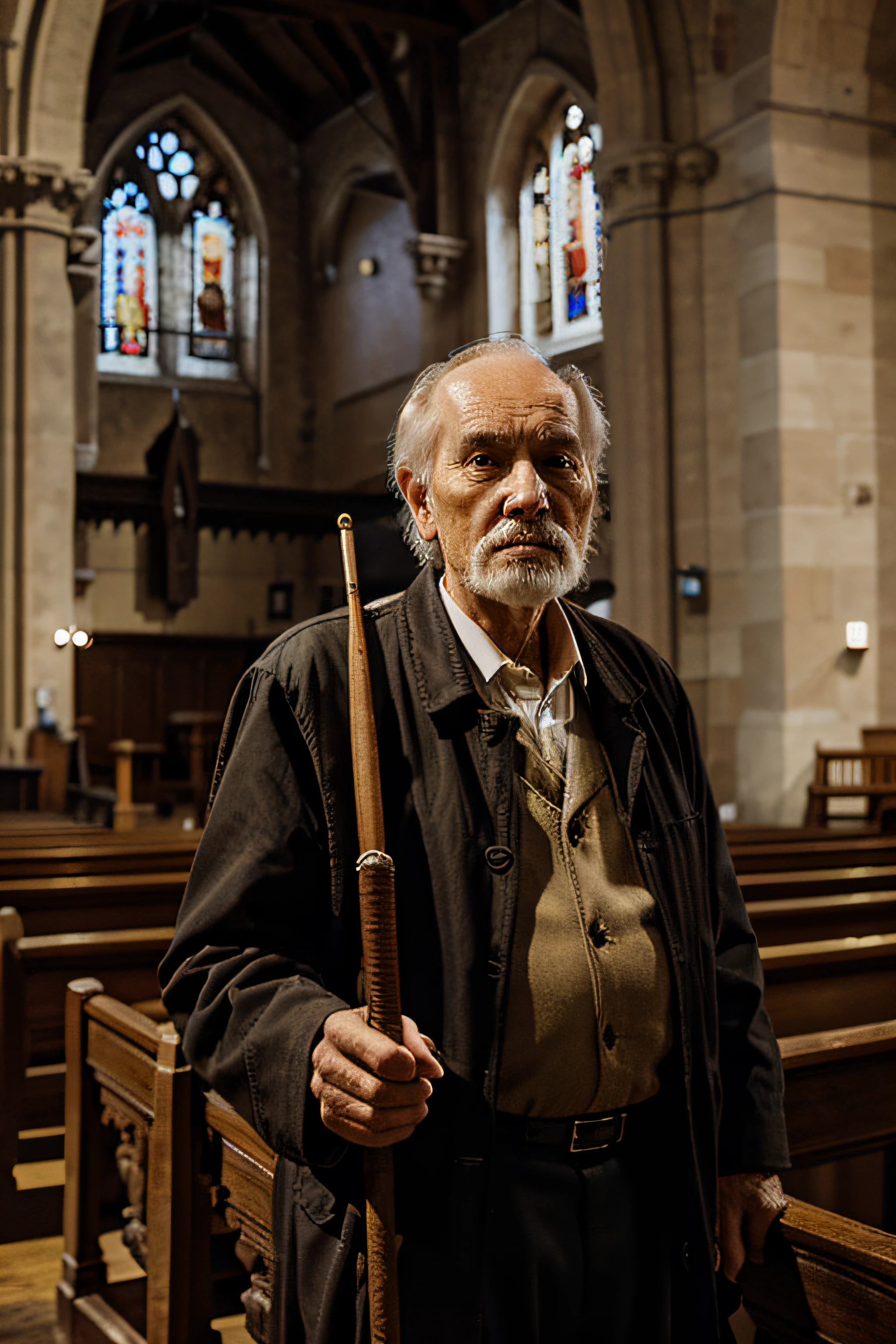 Old man with a cane in his hand in a church