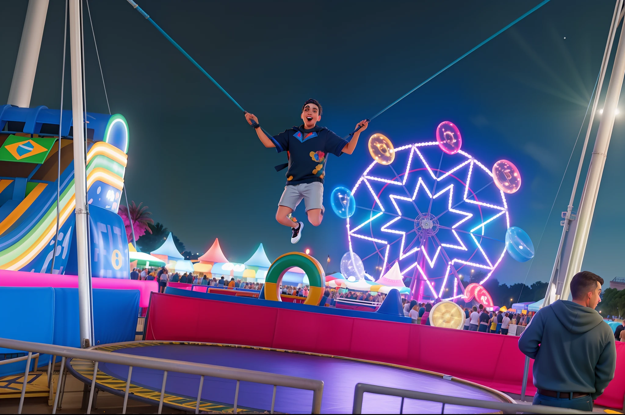 Araffe jumping on a trampol at night with a Ferris wheel in the background, summer festival night, homem montando um rato gigante, Passeios em feiras, Obra-prima da luz brilhante, Ultra - Salto em Altura, Carnaval Witchlight, floats carnival, festival vibes, Amusement park attractions, Parque JC, divertindo-se, atmosfera calorosa e alegre, Divirta-se