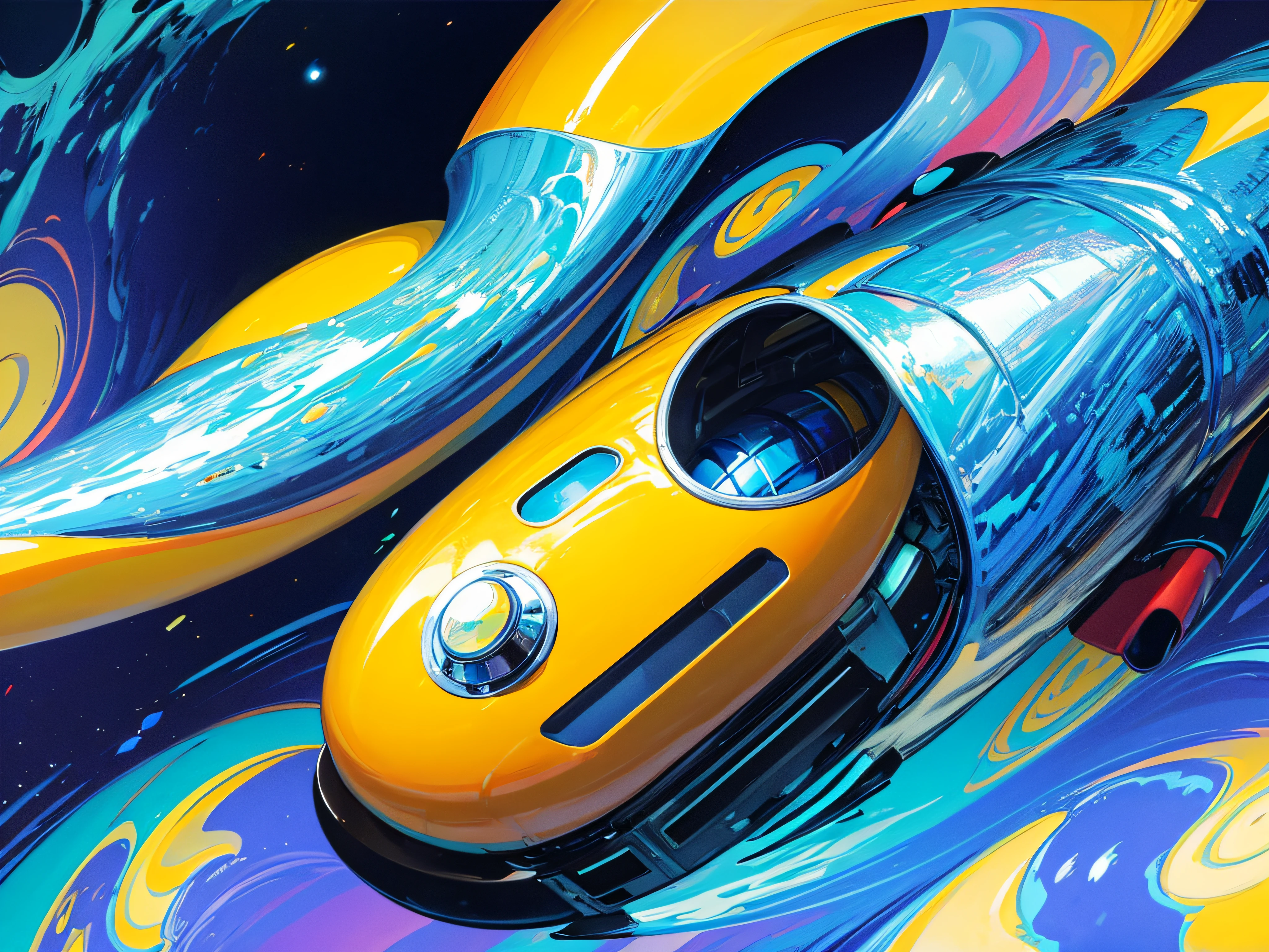 futuristic super blimp, technicolor road and sky, in the style of Vincent van Gogh and Salvador Dalí