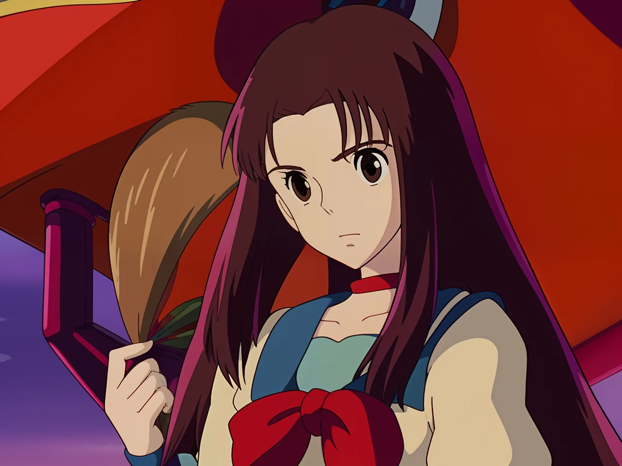 One girl, long brown hair, brown eyes, ghibli art style