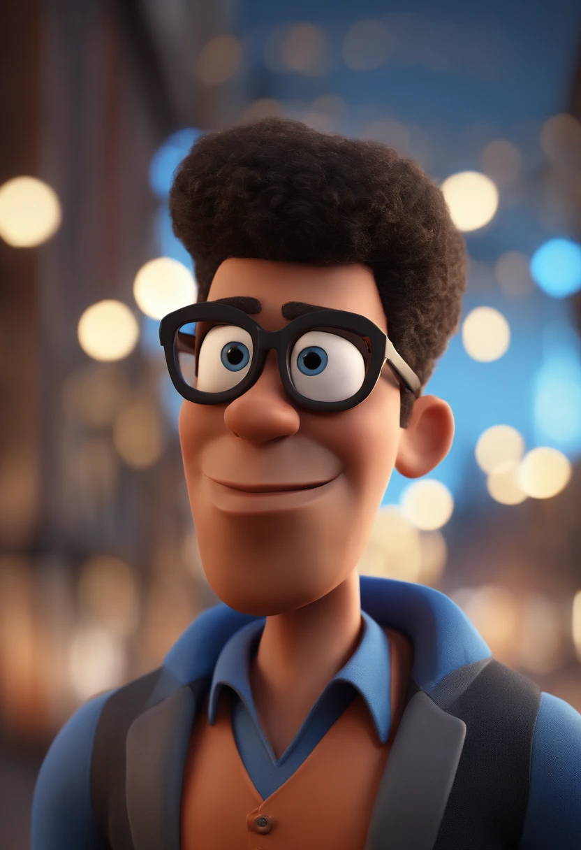 Cartoon character of a man with black glasses and a blue shirt, animation character, Caractere estilizado, animation style rendering, 3D estilizado, Arnold Maya render, 3 d render stylized, toon render keyshot, Personagem 3D, Personagem 3D, 3d rendering stylized, 3 d character render, personagem de desenho animado, Personagem de close up, Pose de personagem,  (Estilo Pixar) (master part:1.2) (Bokeh) (best quality) (pele detalhada) (textura detalhada) (8k) (argila) (Cinematic lighting) (foco nítido