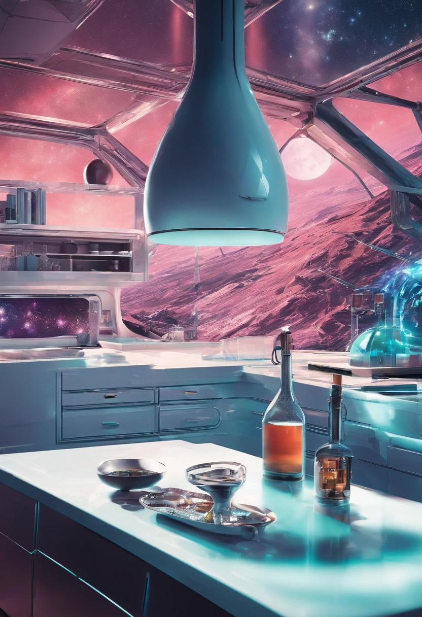 Create image if kitchen of the future with futuristic table in front with bottle of Divina dMinas Cachaça el