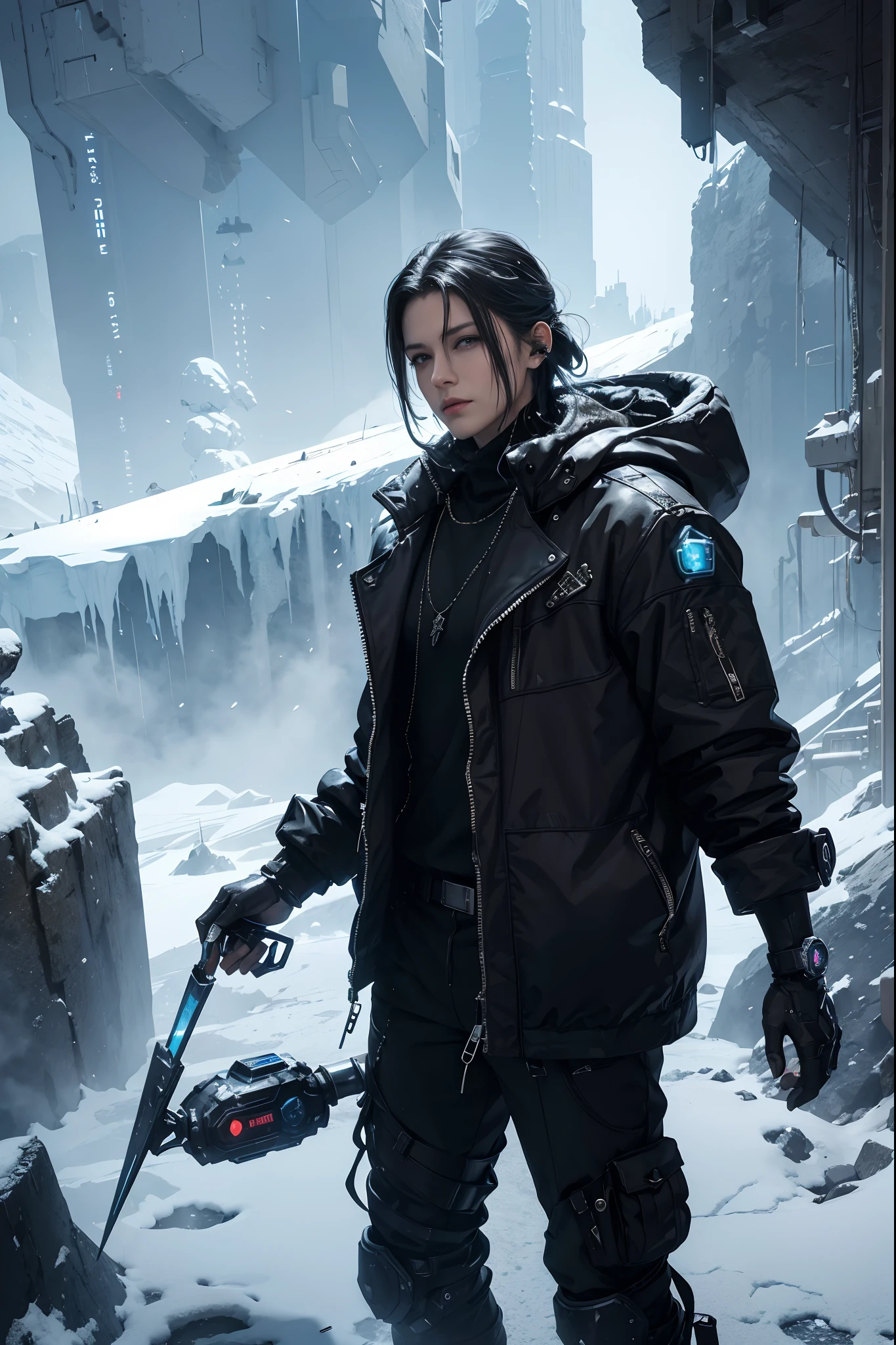 Cyberpunk, mechanical, broken, there is a picture of a very large iceberg, cyberpunk, mechanical, broken, with a lot of snow, dungeon background, icicle background, arena background, game background, dark dark cave background,