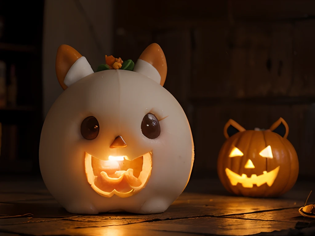 Uma loja de doces durante a noite de Halloween, muitos monstrinhos de doce nas prateleiras, em primeiro plano no lado esquerdo da imagem um monstro de Marshmallow rosa, luz branca e fraca do luar que vem de fora da loja, luz interna em tons de laranja, divretido e goore