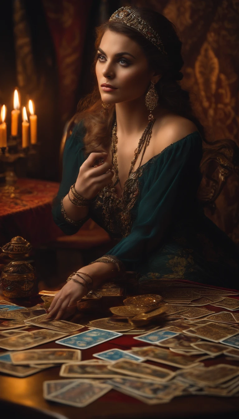 A woman sitting looking at camera and tarot cards on top of table
