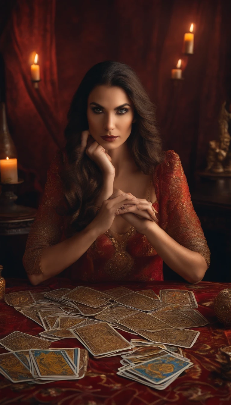 A woman sitting looking at camera and tarot cards on top of table