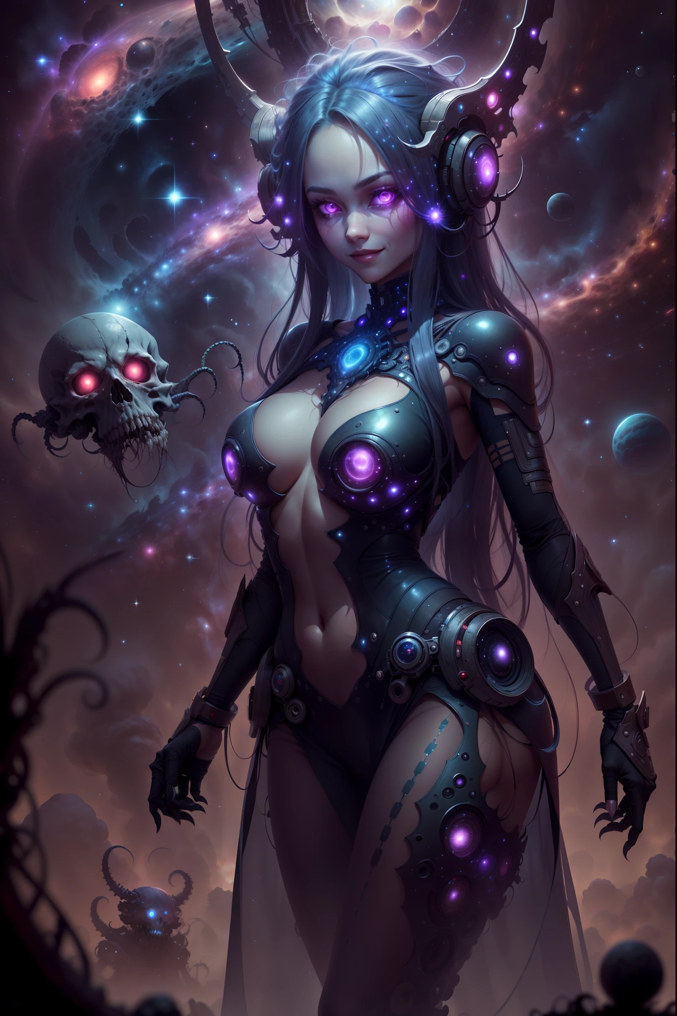 eldritchtech,cosmic, dark energy,
scifi,scholar , scroll, 1girl,long hair, busty, sheer bodystocking, colored skin, glowing eyes, smirk ,closed mouth, skulls, no hat, sexy