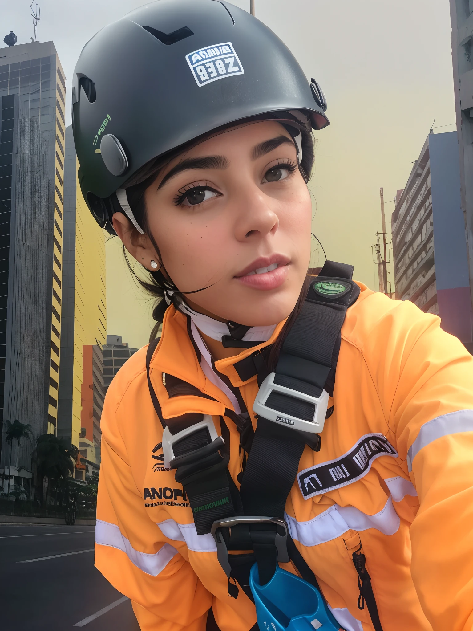 There is a woman wearing a helmet and a harness on a bicycle, fernanda suarez, Fotografia selfie 8k, In Sao Paulo, Valentina Embaralhamento, imagem de uma motociclista feminina, usando o capacete, usando capacete, by Amelia Peláez, Magda Torres Gurza, Marischa Becker, usando capacete, arte profissional, Karla Ortiz
