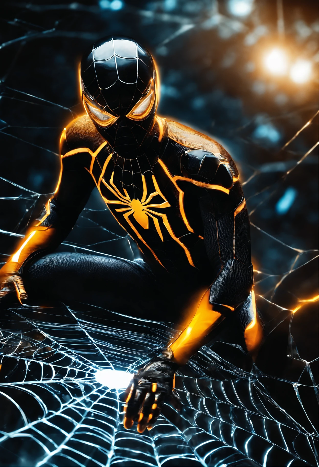 Tron Combined with Spiderman, tron legacy, battle pose, crystal clear image, intricate details, close up, battle scars, black and amber themed, simulation world, glowing web
