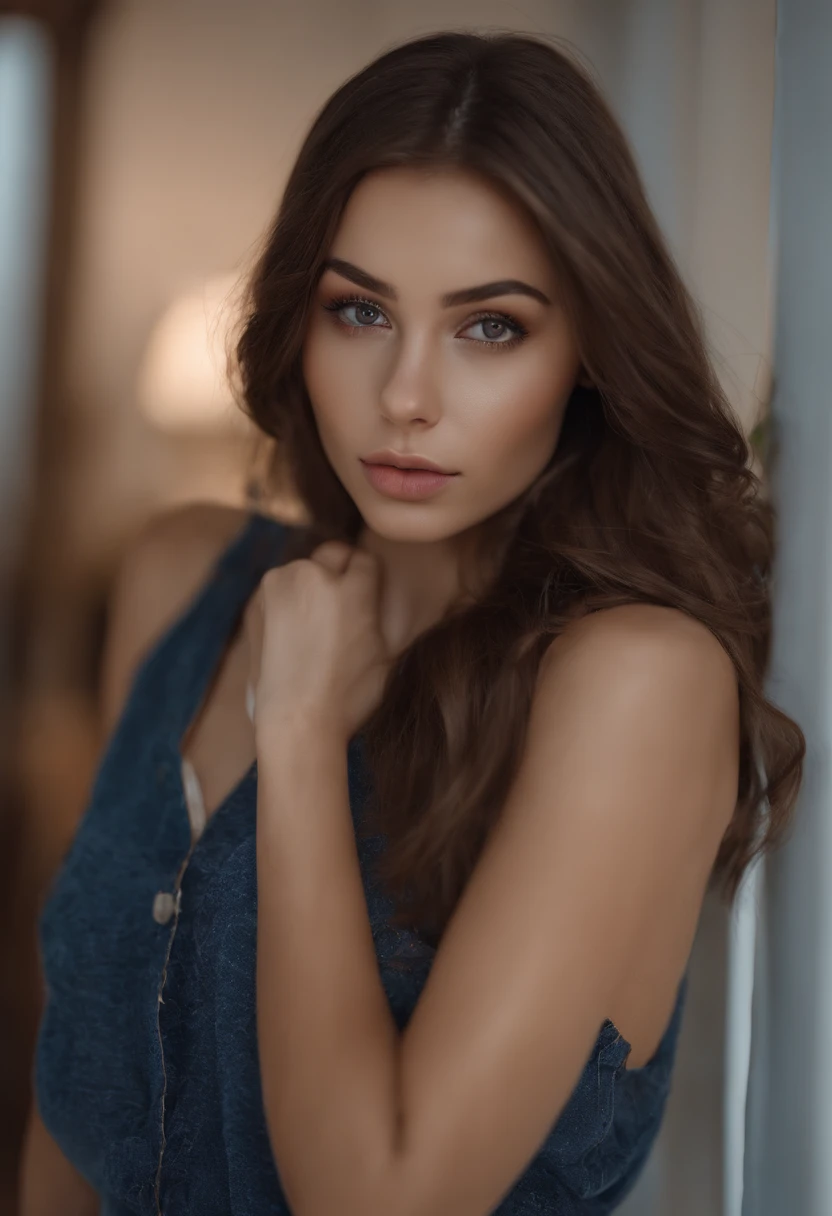 arafed woman fully , sexy girl with brown eyes, realistic, meticulously detailed, portrait sophie mudd, brown hair and large eyes, selfie of a young woman, bedroom eyes, violet myers, without makeup, natural makeup, looking directly at the camera, face with artgram, subtle makeup, stunning full body shot standing, in mall, in the front of the swimming pool