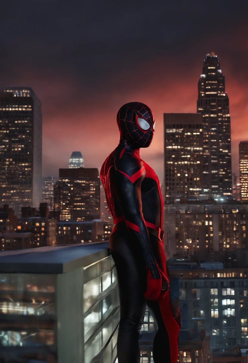 Retrato em close do rosto do jovem Miles Morales como o Homem-Aranha. He is wearing the characteristic red and black mask and looking thoughtfully to the side. Her short afro hair is slightly messy sticking out through the mask. Ao fundo, a New York night sky, With illuminated buildings and city lights. Miles is in heroic pose on top of a building, with her black outfit of symbiotic fabric glued to her body, highlighting your muscles. In gloved hands, teias brancas brilhantes se projetam. Imagem em estilo de arte digital realista da Marvel