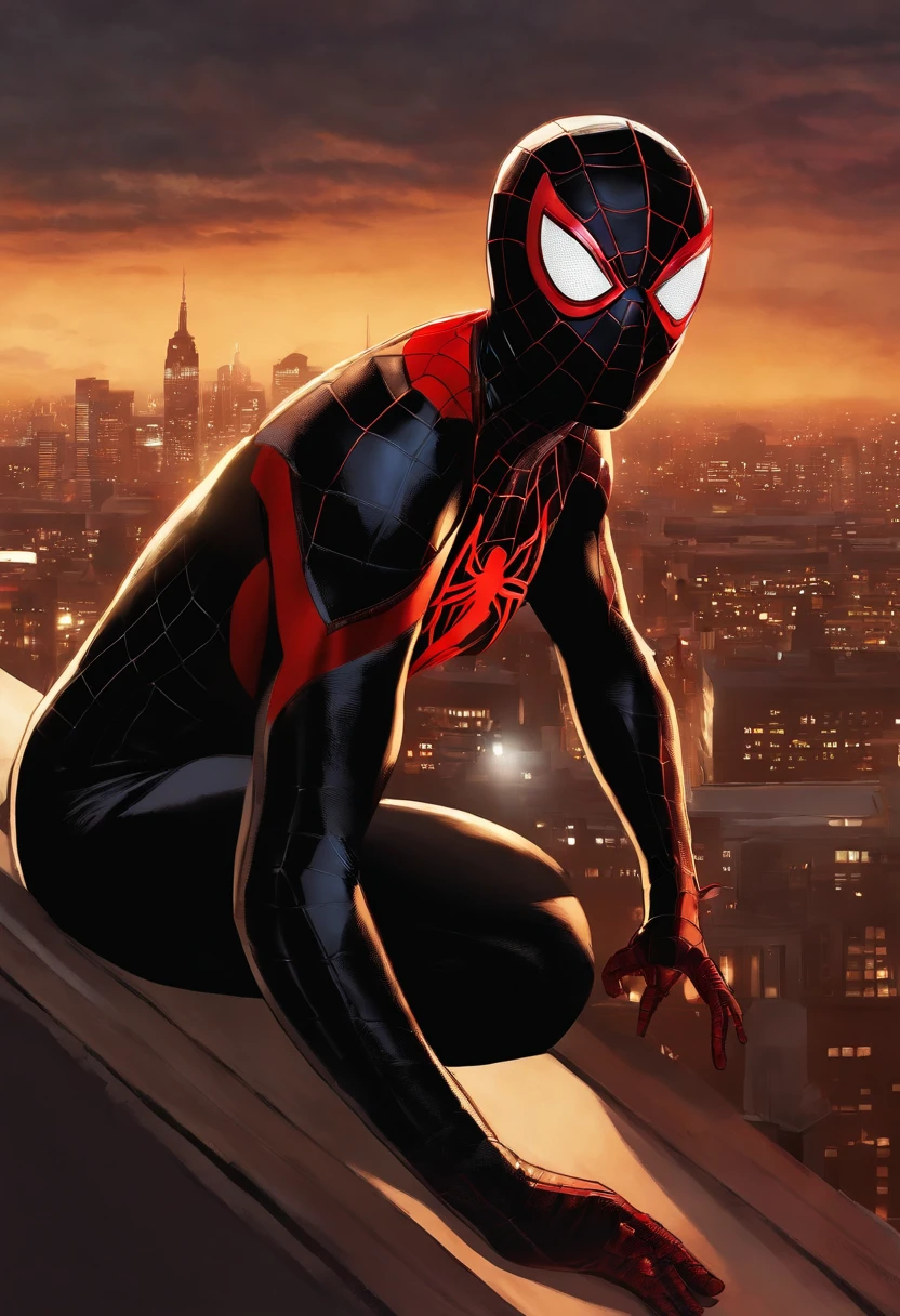 Retrato em close do rosto do jovem Miles Morales como o Homem-Aranha. He is wearing the characteristic red and black mask and looking thoughtfully to the side. Her short afro hair is slightly messy sticking out through the mask. Ao fundo, a New York night sky, With illuminated buildings and city lights. Miles is in heroic pose on top of a building, with her black outfit of symbiotic fabric glued to her body, highlighting your muscles. In gloved hands, teias brancas brilhantes se projetam. Imagem em estilo de arte digital realista da Marvel