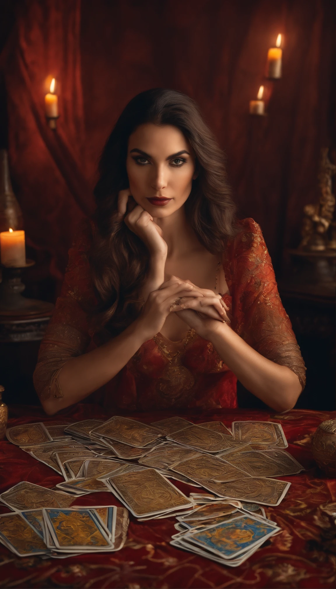 A woman sitting looking at camera and tarot cards on top of table