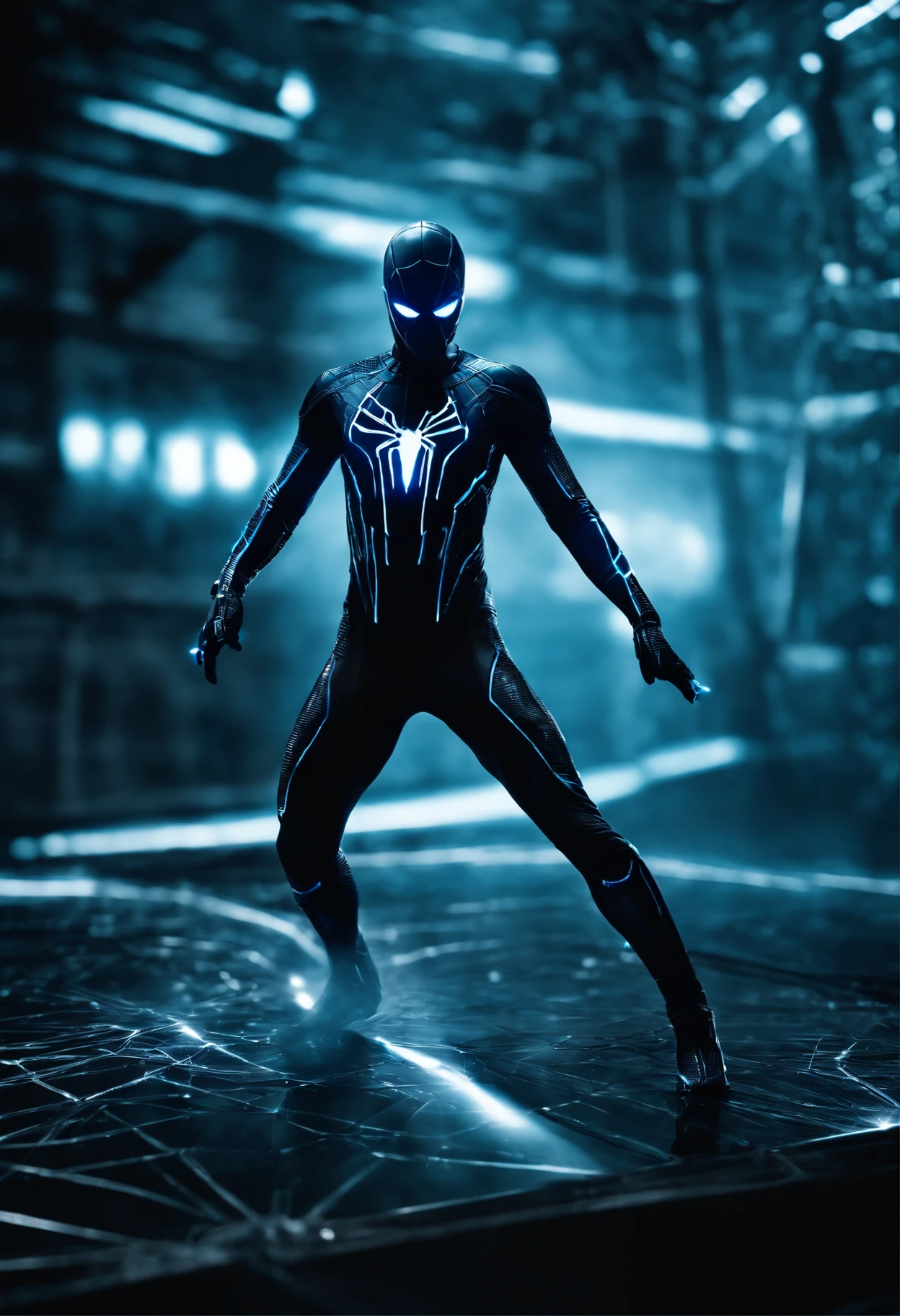 Tron Combined with Spiderman, tron legacy, battle pose, crystal clear image, intricate details, close up, battle scars, black and blue themed, simulation world, glowing web